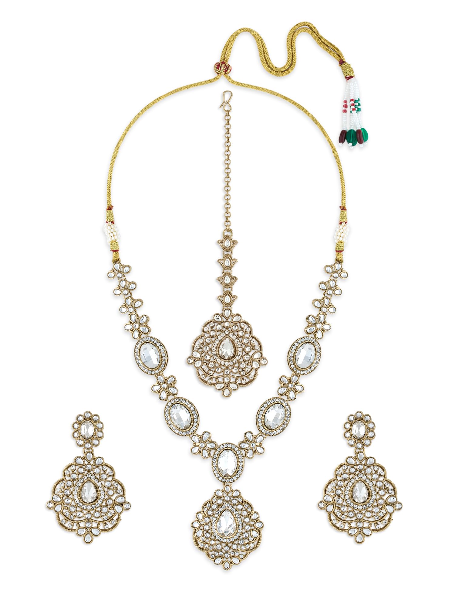 Antique Gold Tone Dazzling Stones Necklace Earring & Maangtikka Set For Women-ZPFK21255