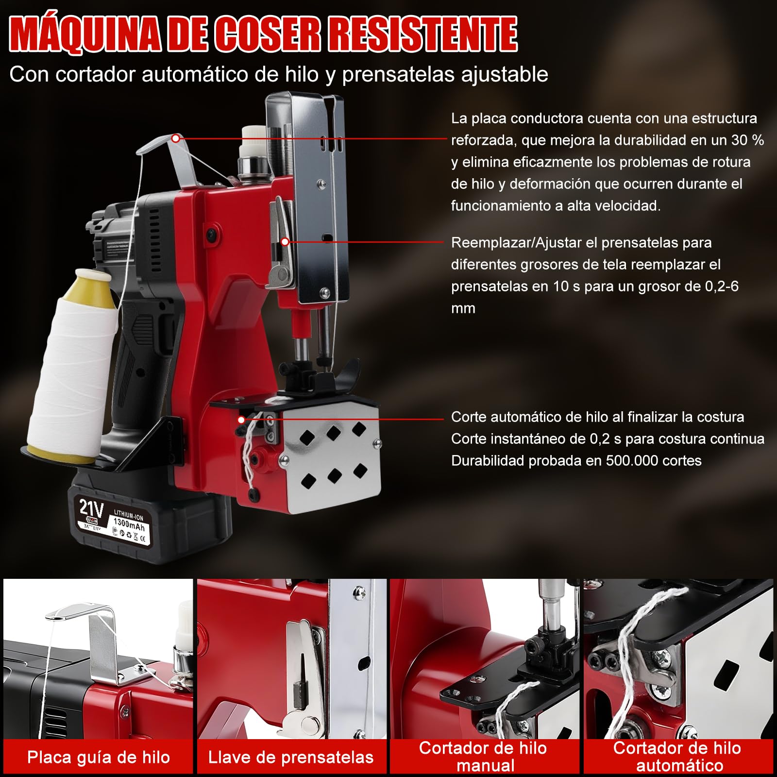 Máquina de Coser Bolsas Eléctrica, 21V maquina coser sacos portatil de Mano con 2 baterías 1300mAh, 210W Selladora Eléctrica Sacos inalámbrica, grosor 0.2-10 mm, para sacos tela saco arenas saco yute
