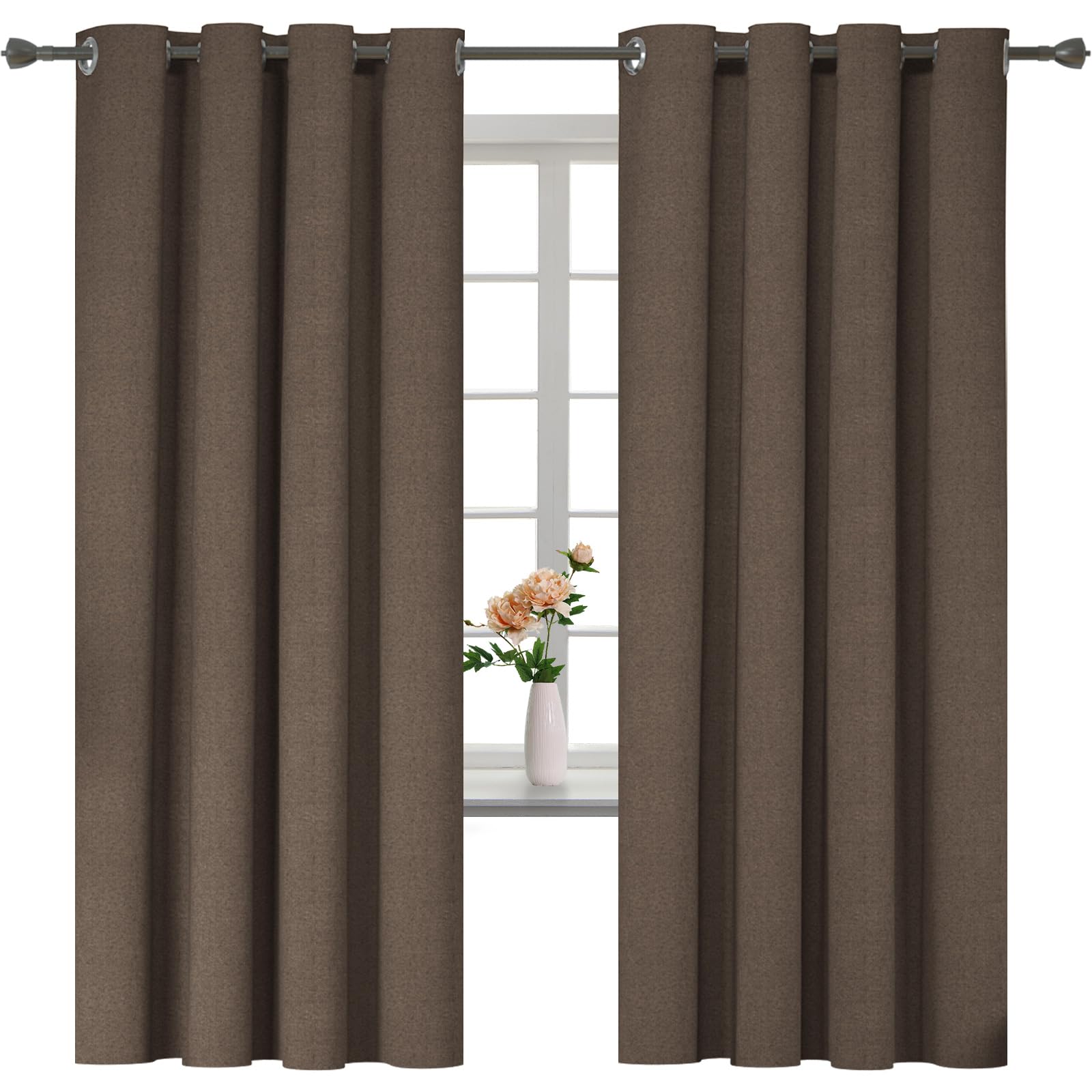 YSTELLAA Cortinas 100% Opacas para Dormitorio 2 Piezas, 140×160cm, Cortinas Salon Efecto Lino, Cortinas Termicas Aislantes Frio Y Calor, Blackout Acustica Curtains con Trabillas, Café