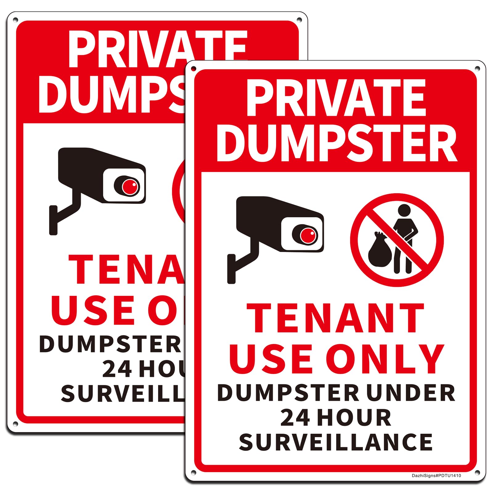 Private Dumpster Sign, Tenant Use Only Dumpster Under 24 Hour Surveillance, 2Pack-14"x10" Reflective Aluminum, Private Dumpster No Dumping Sign, Fade/