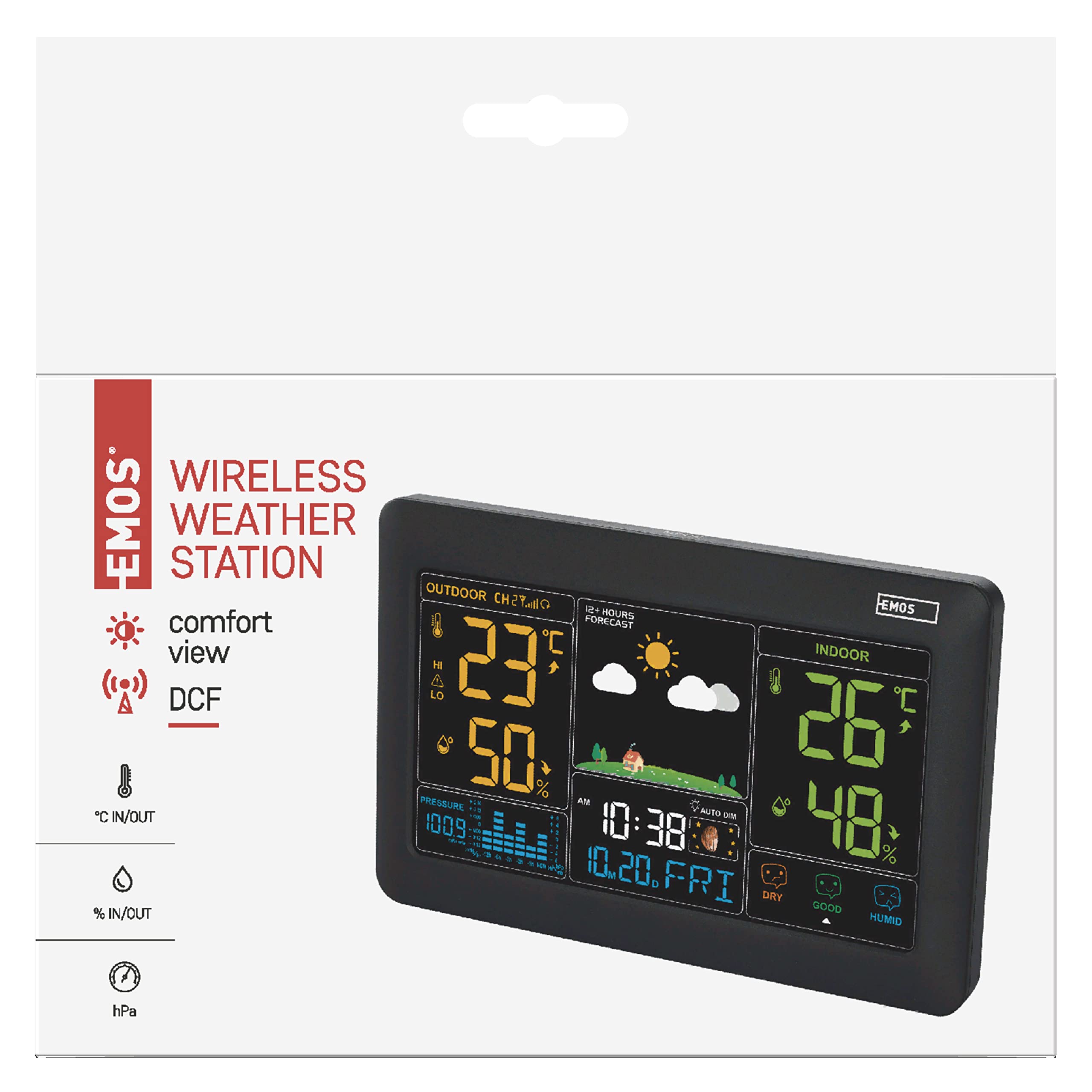 EMOS Funk Wetterstation mit Farbdisplay und Außensensor, Thermometer, Hygrometer, Barometer, Wettervorhersage, Datum- und Uhranzeige, Wecker, Smiley-Indikator, inkl. Netzteil