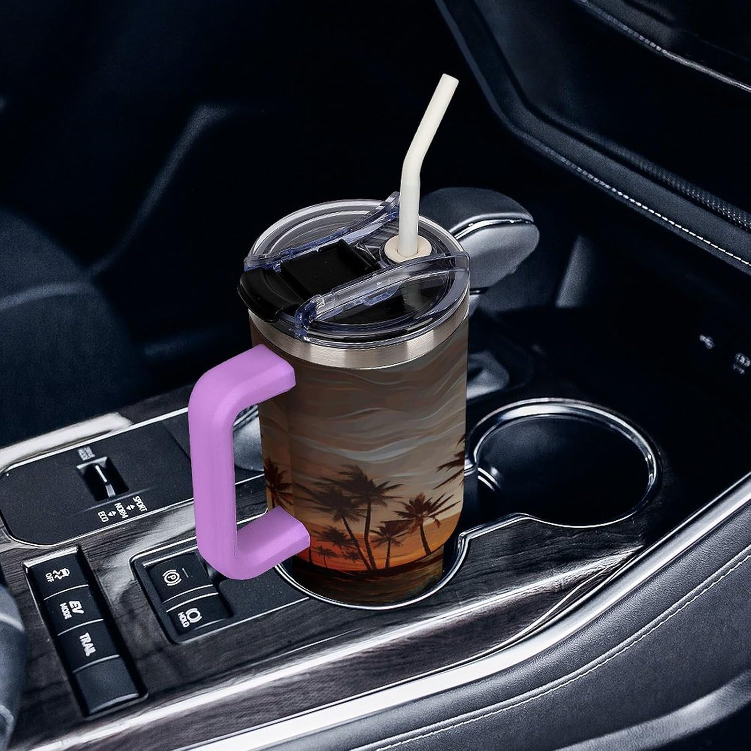 Large Car Cup with Handle&Lid Fashion Palm Trees Ocean Waves Sunset Tumbler Sturdy Insulated Water Bottle Stainless Steel Vacuum Travel Mug Portable Coffee Cup for Home Outdoor 40 Oz Violet-style
