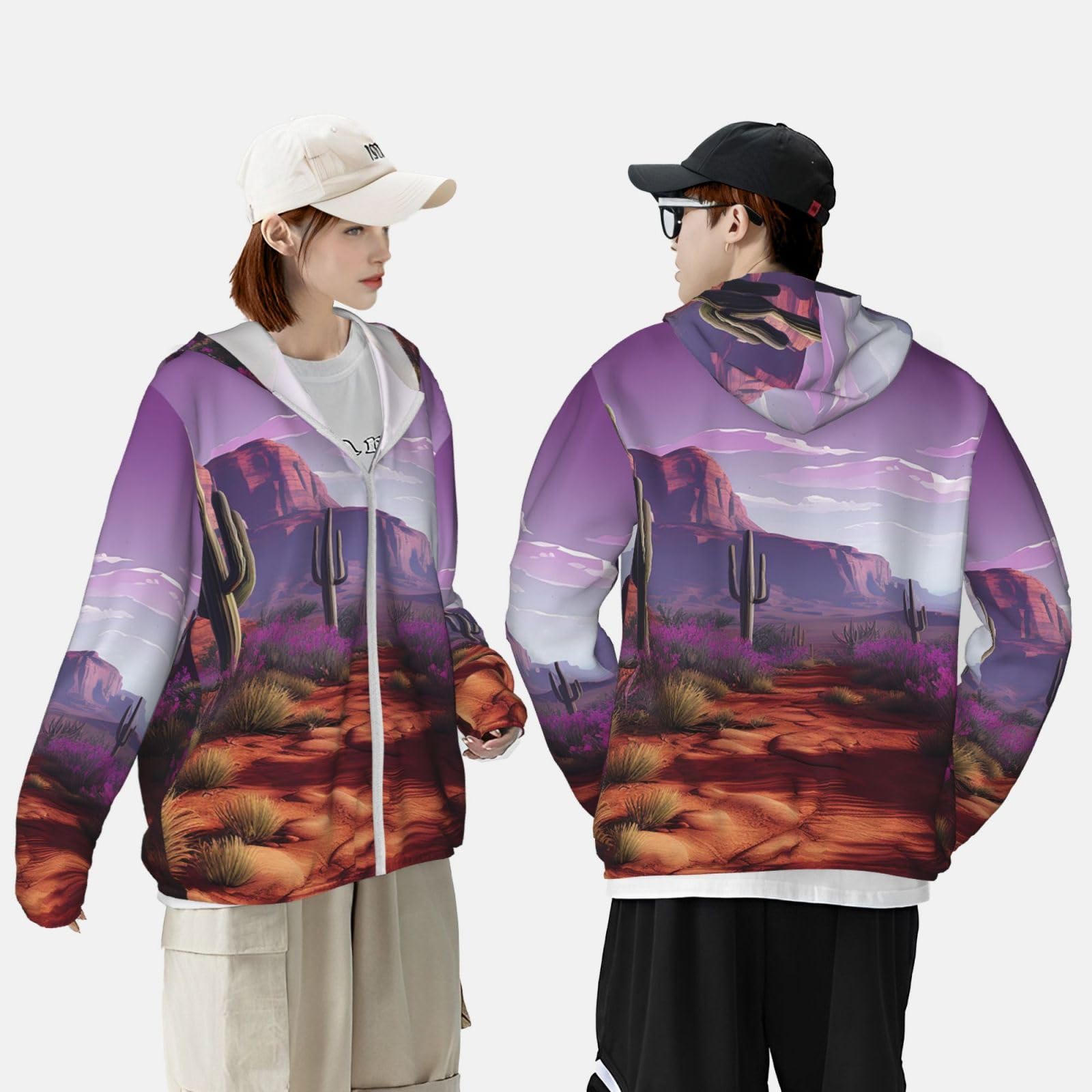 Men's Sun Protection Jacket UPF 50+ Full Zipper Long Sleeve UV Hoodie Shirt Purple American Landscape Cactus Women's Outdoor Jacket