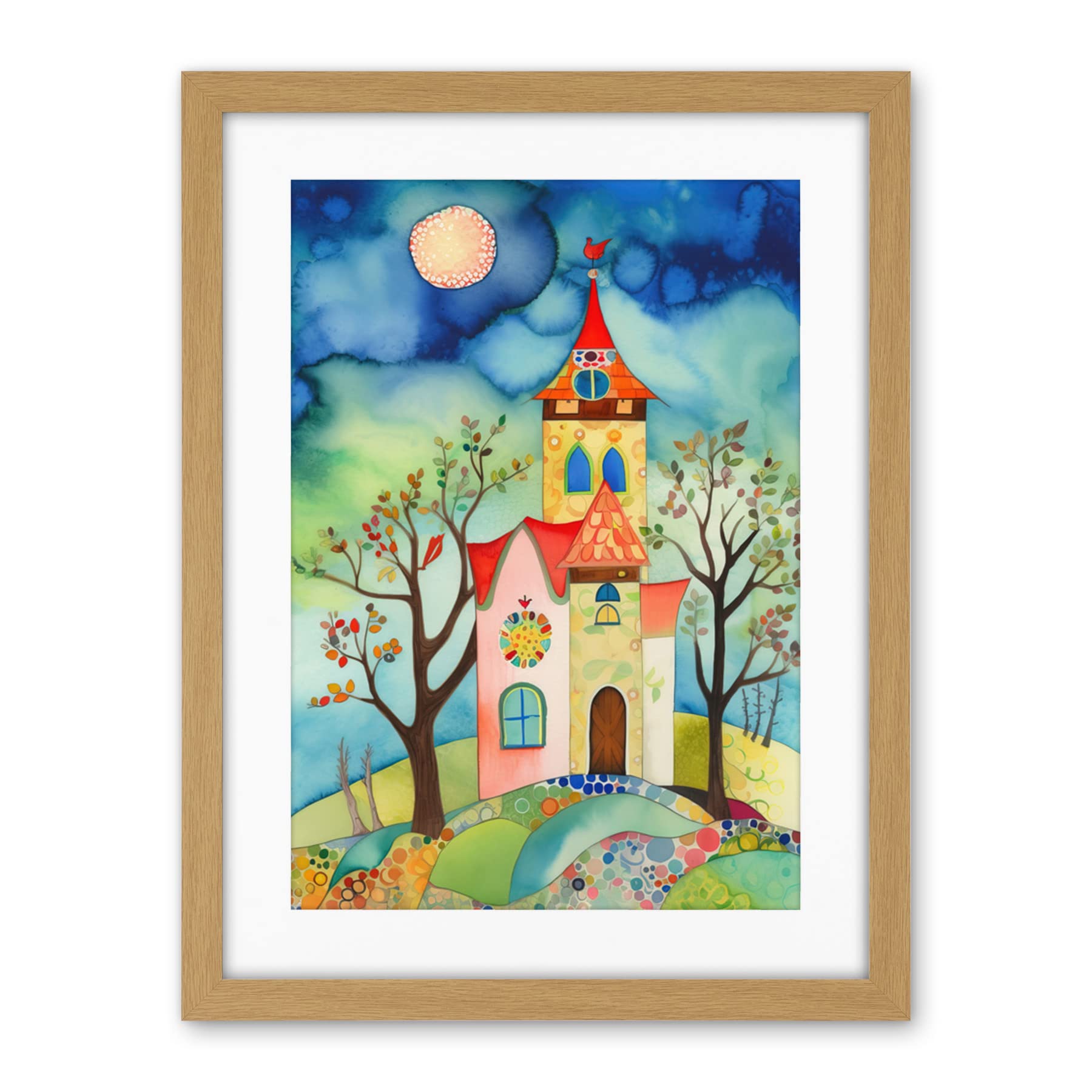 Artery8 Countryside Chapel Folk Art Watercolour Painting Artwork Framed Wall Art Print 18X24 Inch