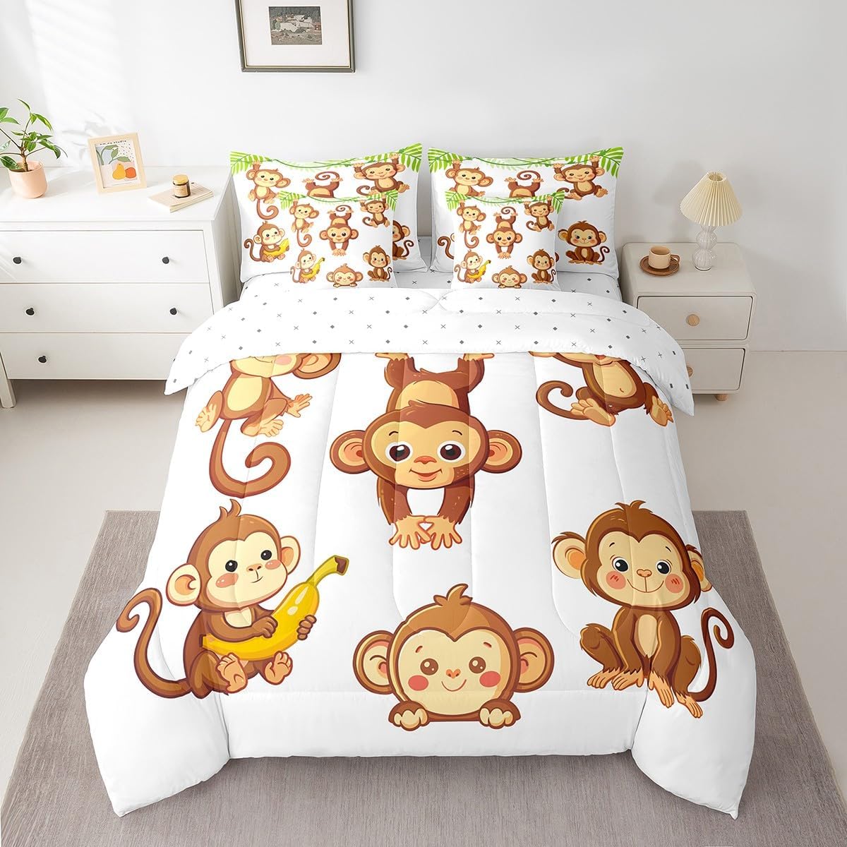 Manfei 7 Pieces Cute Monkey Comforter Set Full, Cartoon Monkey Print Bed Set for Kids Boys Girls, Animal Theme Bedding(1 Comforter,1 Fitted Sheet,1 Flat Sheet,2 Pillowcases,2 Throw Pillow Cover)