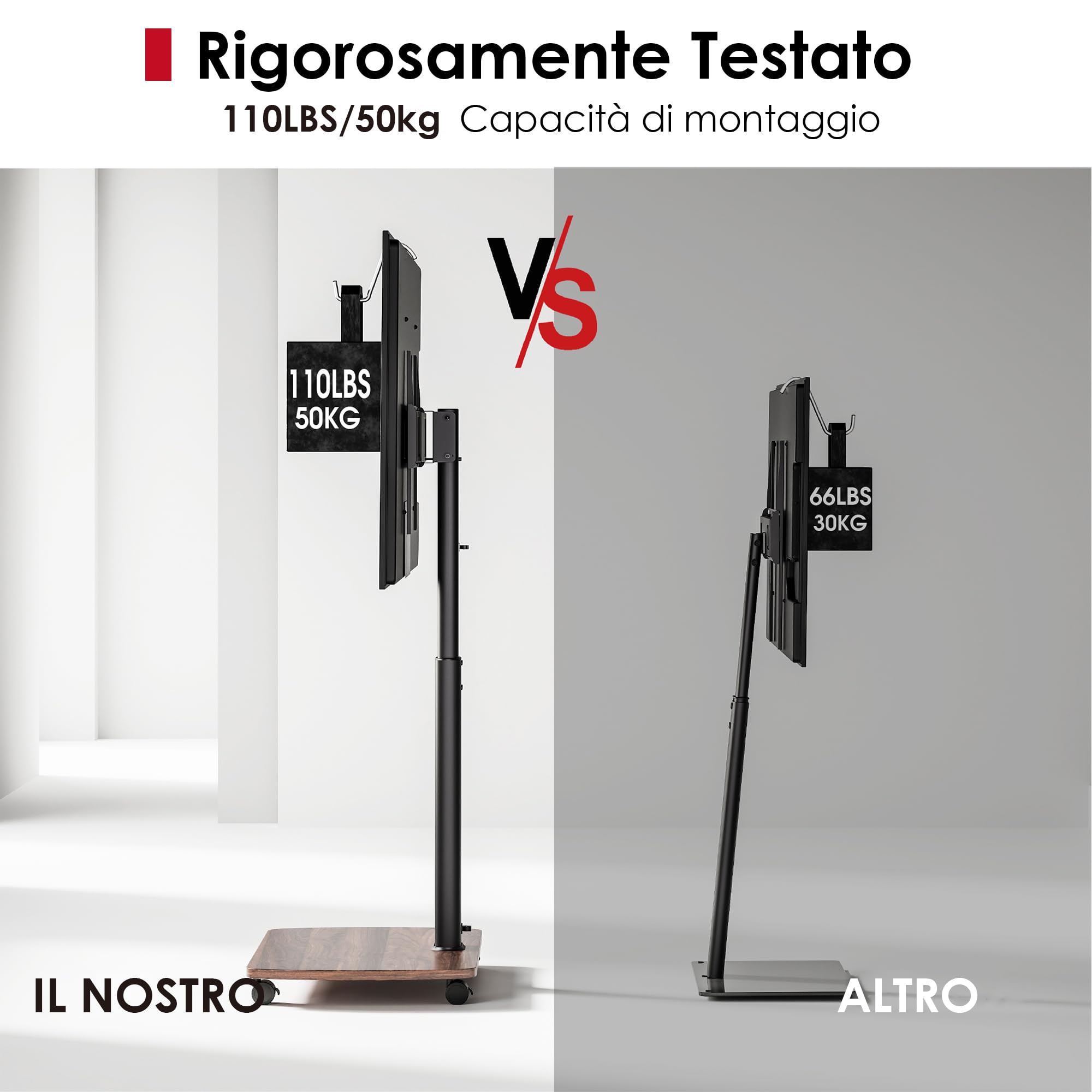 AOKCOS Carrello Porta TV con Ruote per 43-75 Pollici, Supporto TV da Pavimento Girevole e Regolabile in Altezza, Inclinabile, Base in Legno, VESA 600x400mm 50kg