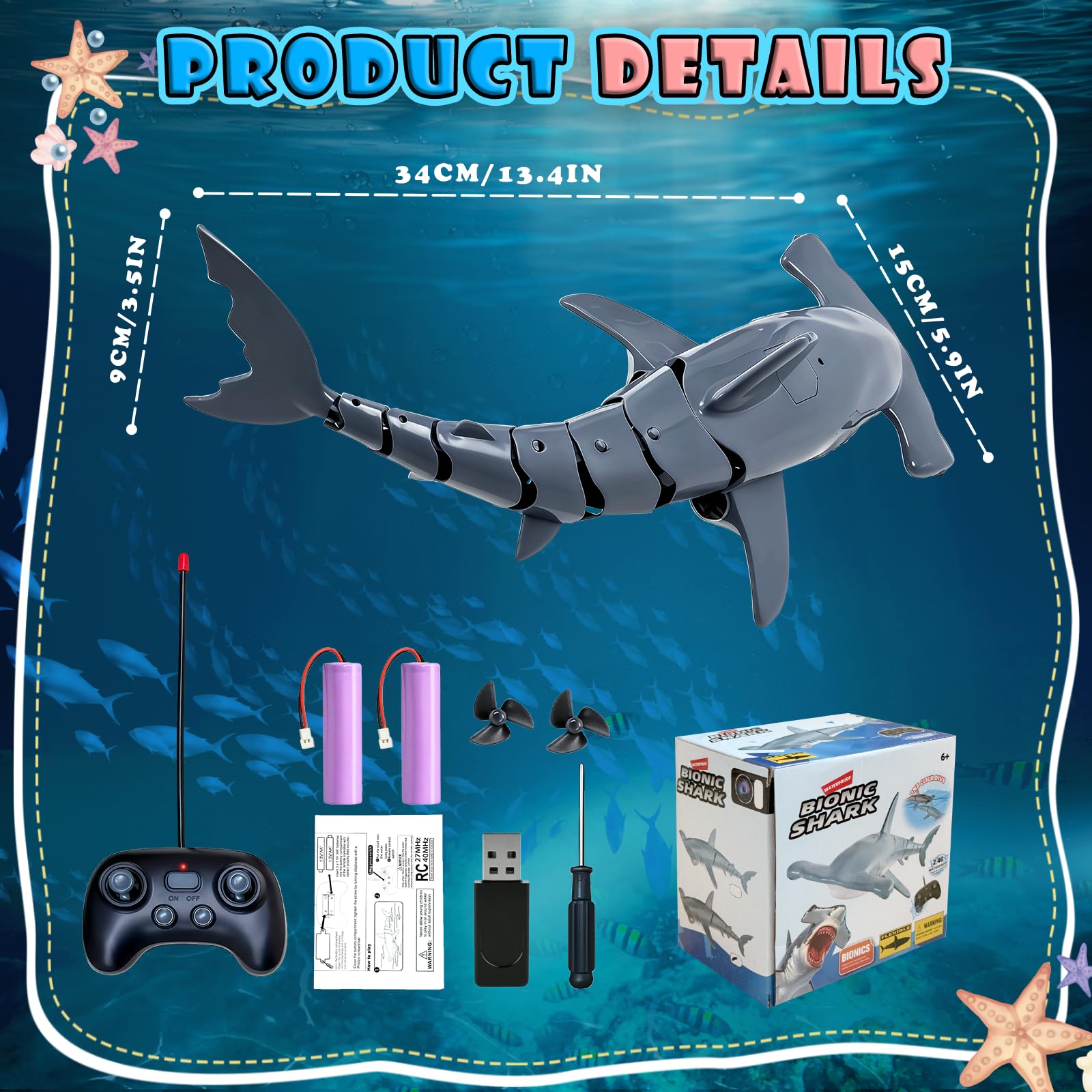 Tiburon Teledirigido Submersible, Tiburon Submarino Juguete 2.4GHz RC Tiburón con Luces LED para Piscinas, Lagos y Bañeras (Gris)