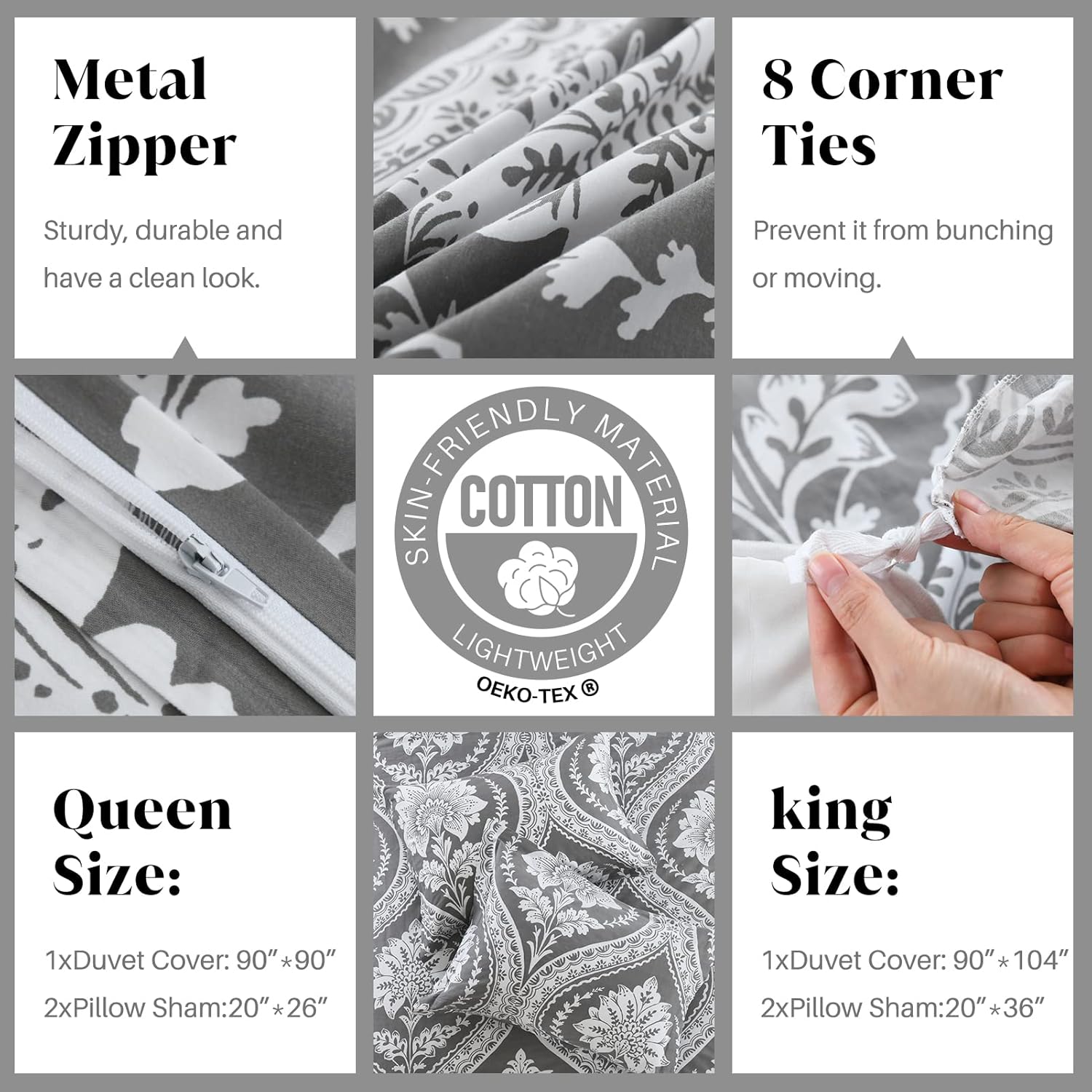 CozyDH Duvet Cover Set Queen Size, 100% Cotton Comforter Duvet Cover, Gray Damask Paisley Floral Pattern, 3 Pieces All Season Soft Breathable Bedding Set