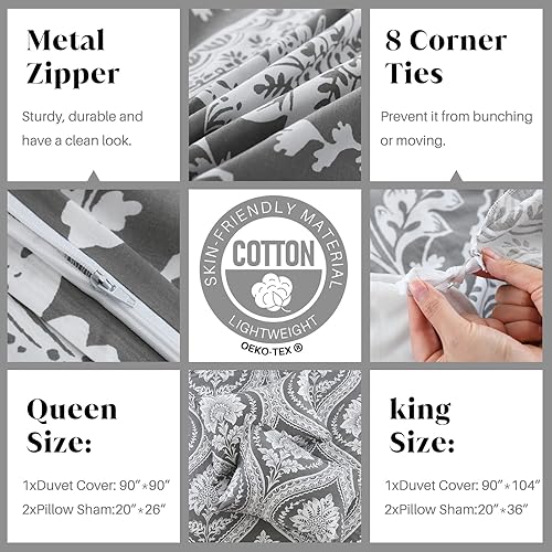Miniatura 6 de CozyDH Juego de funda de edredón de algodón tamaño King con estampado de cachemira, medallón de damasco reversible, juego de funda de edredón de