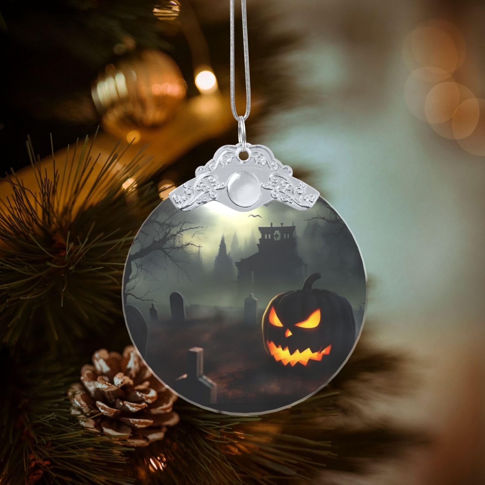 Crystal Christmas Ornaments for Christmas Tree Decoration Hanging Halloween Horror Ornament with Gold Ribbon Crafts Round Pendant for Keepsake Gifts Glass Xmas Decor Party Supplies