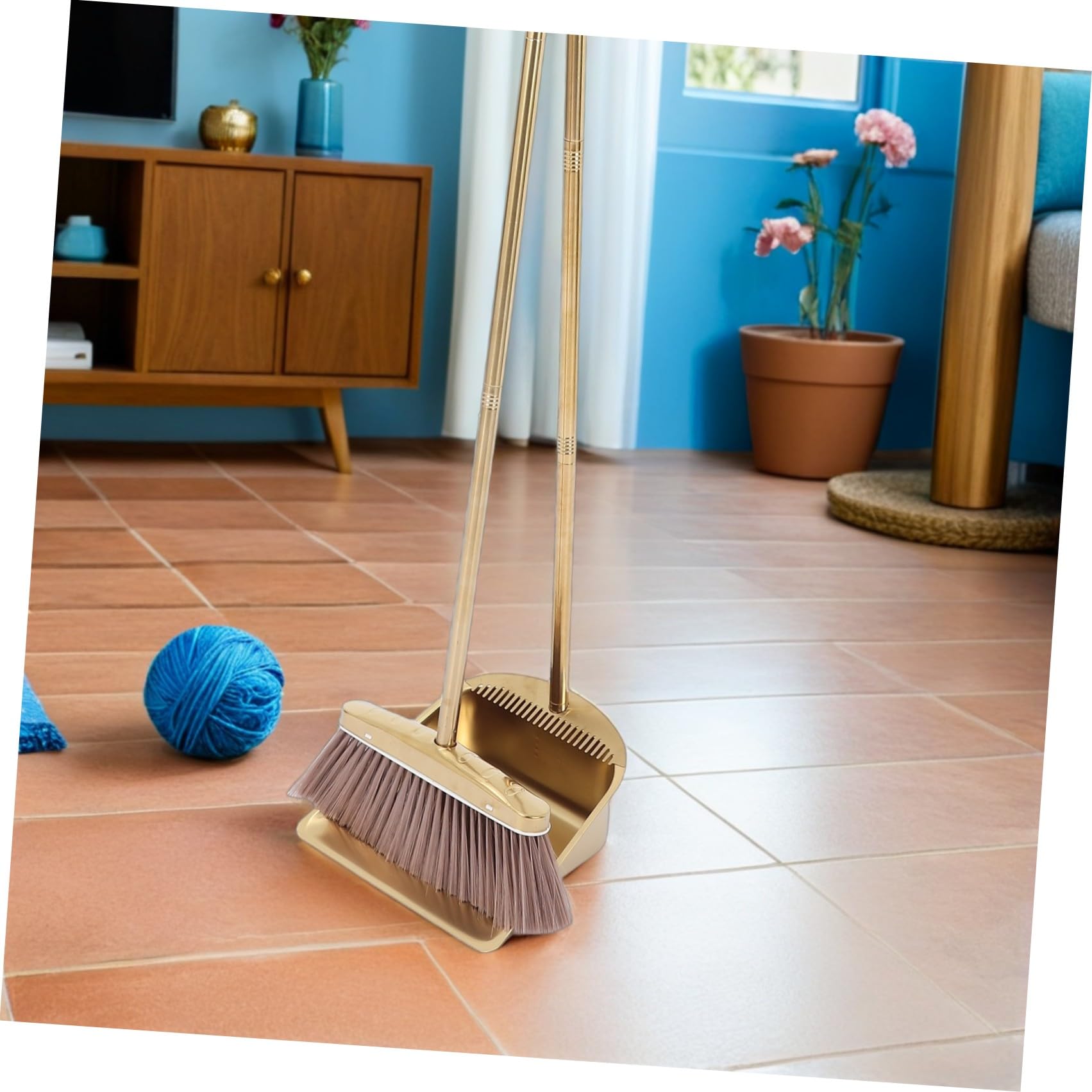 SHINEOFI Schwerer Besen mit Langem Griff und Goldfarbenem Edelstahl Inklusive Kehrschaufel mit Kammzähnen Praktisches Reinigungsset für Haushalt und Garten