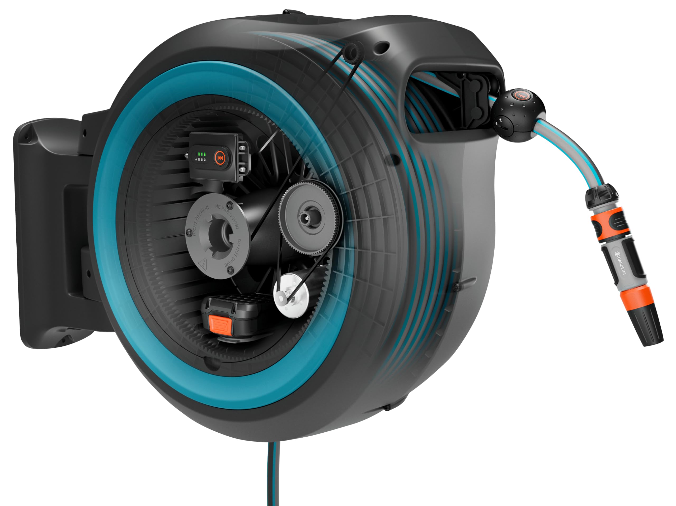 Gardena Dévidoir mural PowerRoll XL Ready-to-use-Set: Dévidoir automatique avec 40 m de tuyau d'arrosage, guide-tuyau et technologie RollControll, kit complet avec batterie (18645-20)