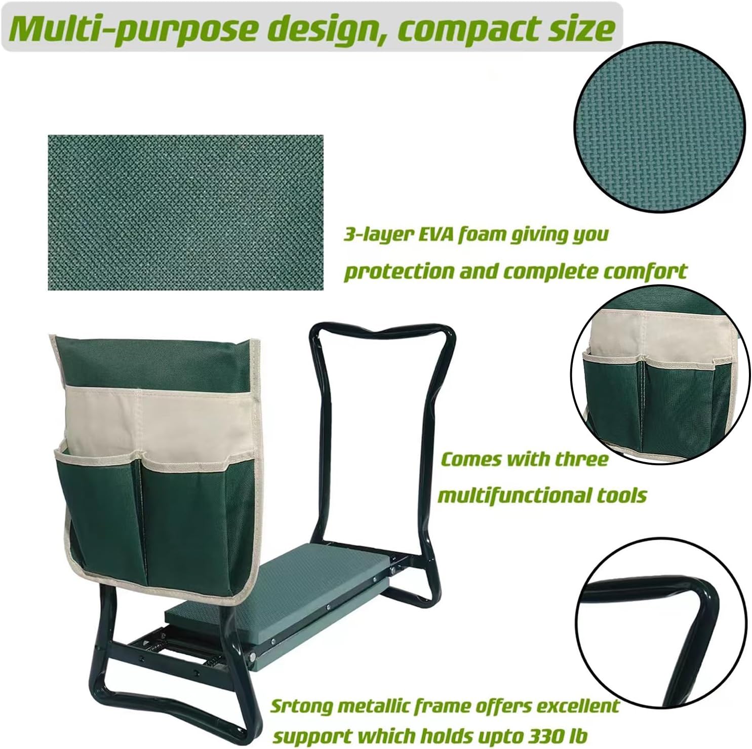 Garden Kneeler and Seat with Thicken Widen Soft Kneeling Pad，Heavy Duty Bench for Kneeling and Sitting Prevent Knee & Back Pain, with Pouch Bag, Garden Gift for Man Women, Parents, Green