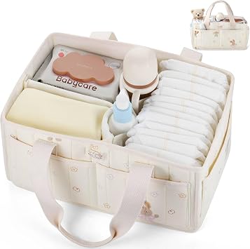 FOREGORE Diaper Caddy Organizer,Soft Cotton Baby Storage Basket with Handle | Soft cotton fabric, Newborn Gift, Portable Nursery Organizer for Diapers, Wipes, Baby Essentials, Multi-compartment Storage