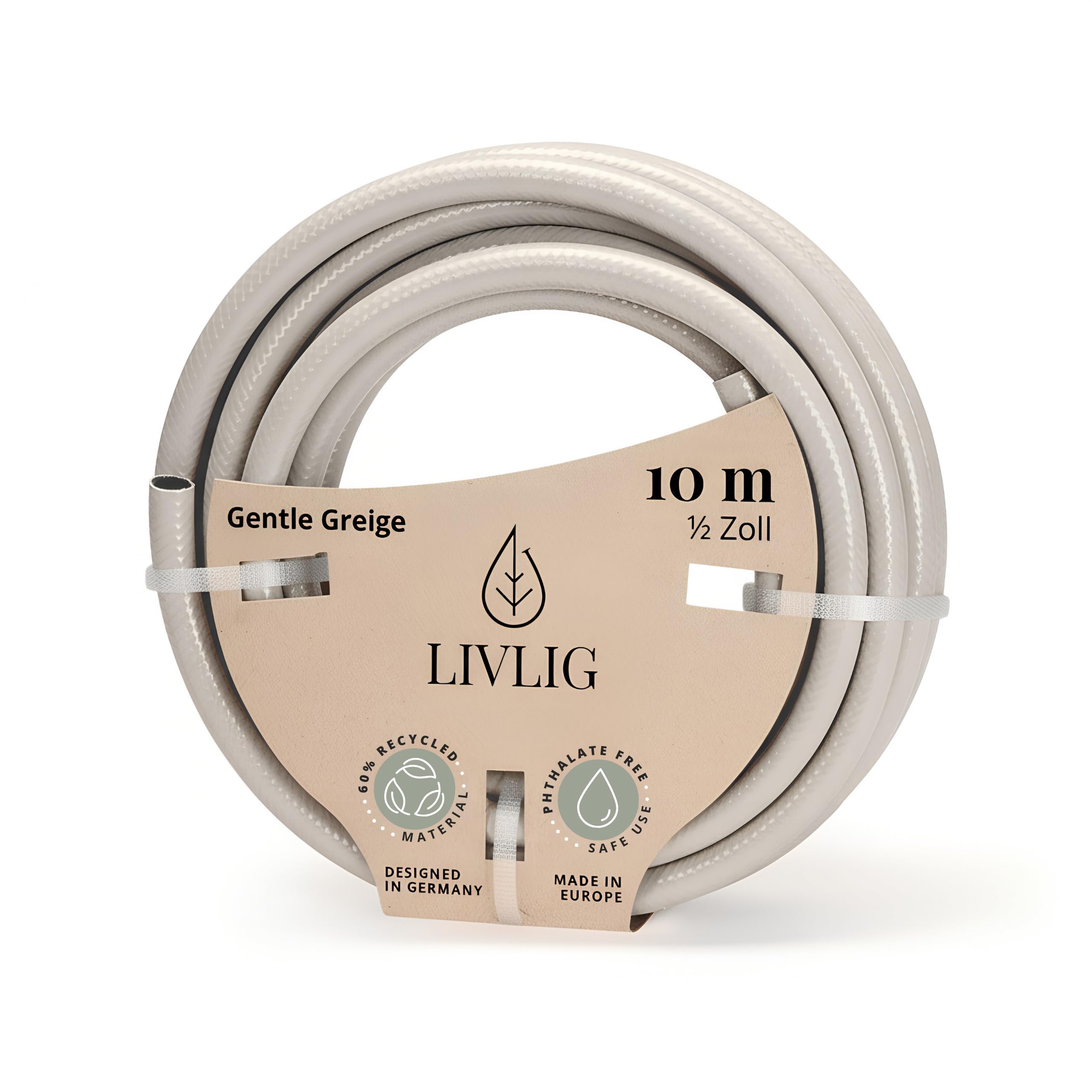 LIVLIG Manguera Jardin 10m – Manguera de Riego Flexible, 60% Reciclado, Resistente UV, Antitorcion, 1/2 Pulgada, Greige