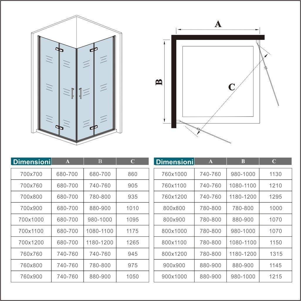 Box Doccia Angolare 185cm 2 Ante Porte 80x80cm Pieghevoli Vetro 6mm Cromo