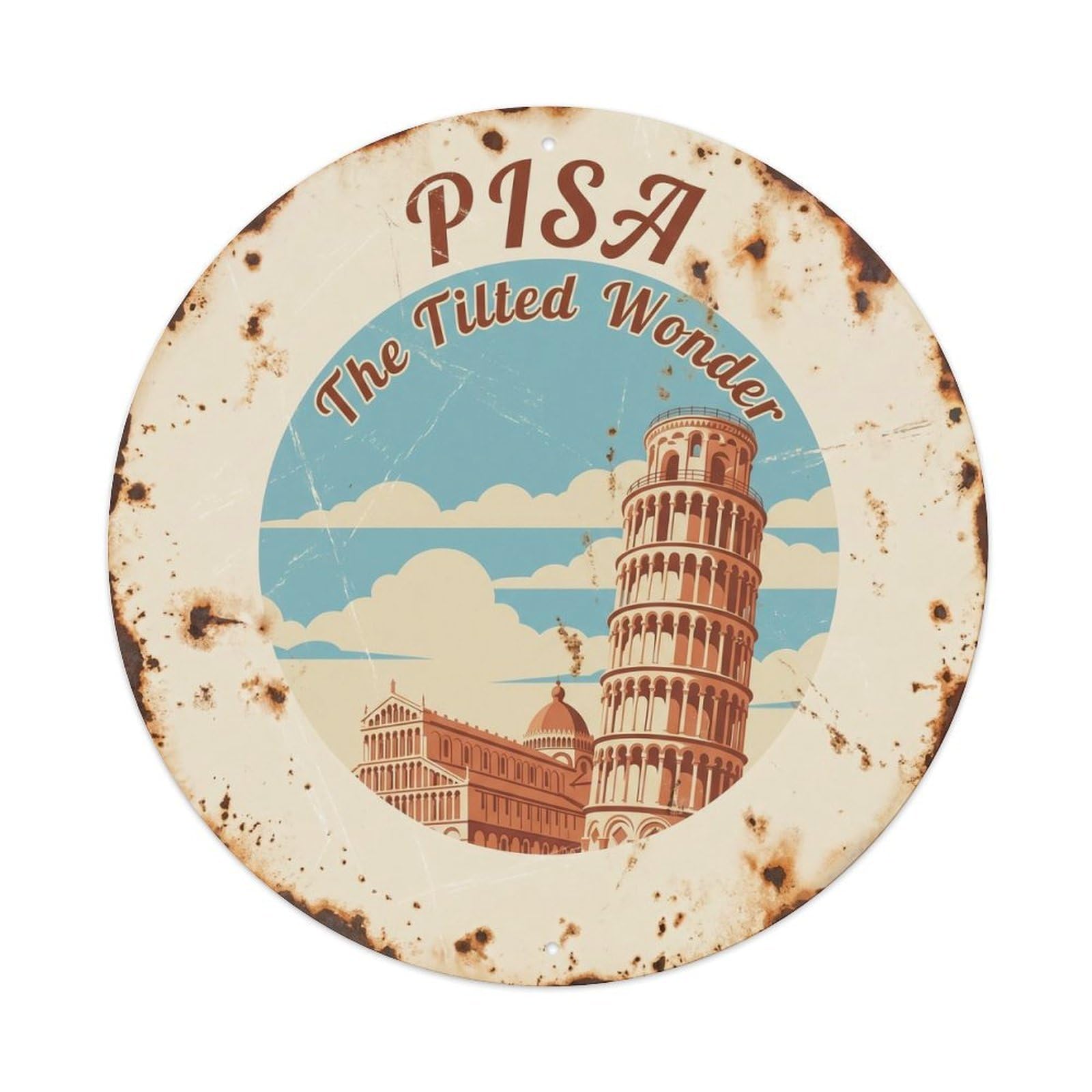 Vintage Travel Pisa Leaning Tower Metal Tin Sign Plaque Wall Decor for Cafe, Club Bar, Office, Home Garden Round Metal Poster 8x8Inch