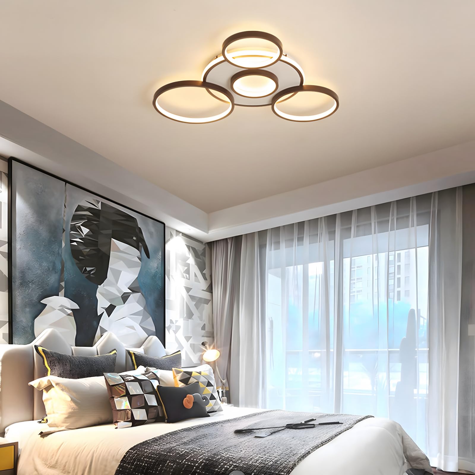 LED Plafoniera Moderna, Ø70cm Lampada Multi Cerchio Nera, 58W Dimmerabile Continuo 3000-6000K, Lampadario Rotondo In Metallo + Acrilico, Camera Letto Soggiorno Bambini Ufficio Studio(5 Anelli)