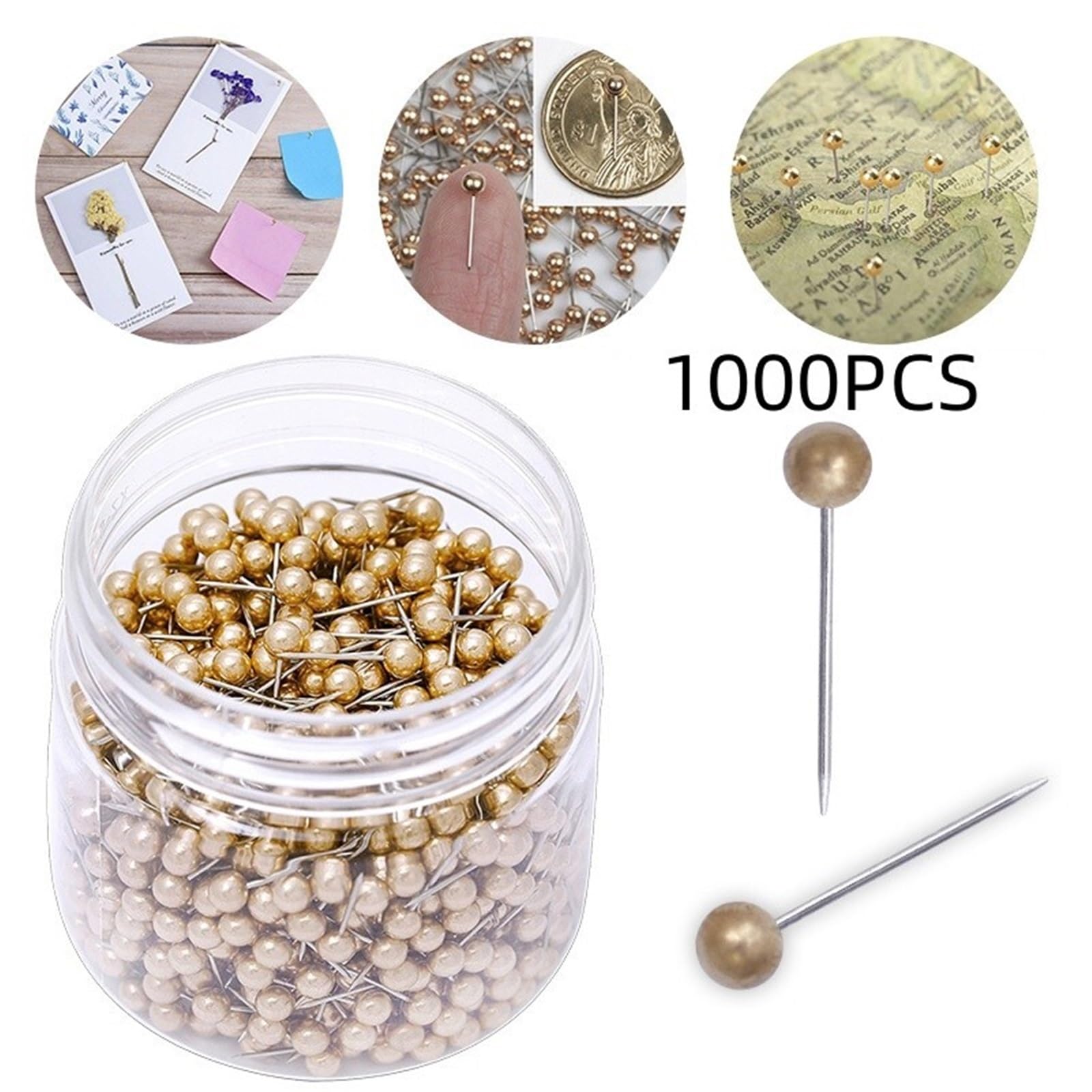 Alfileres Costura Tachuelas de Mapa de 4mm, 1000 Uds., alfileres con Cabeza Redonda Dorada, Punto de Acero for tablón de anuncios, Marcado de Tela con Caja para Proyectos De Bricolaje(1000pcs Gold)