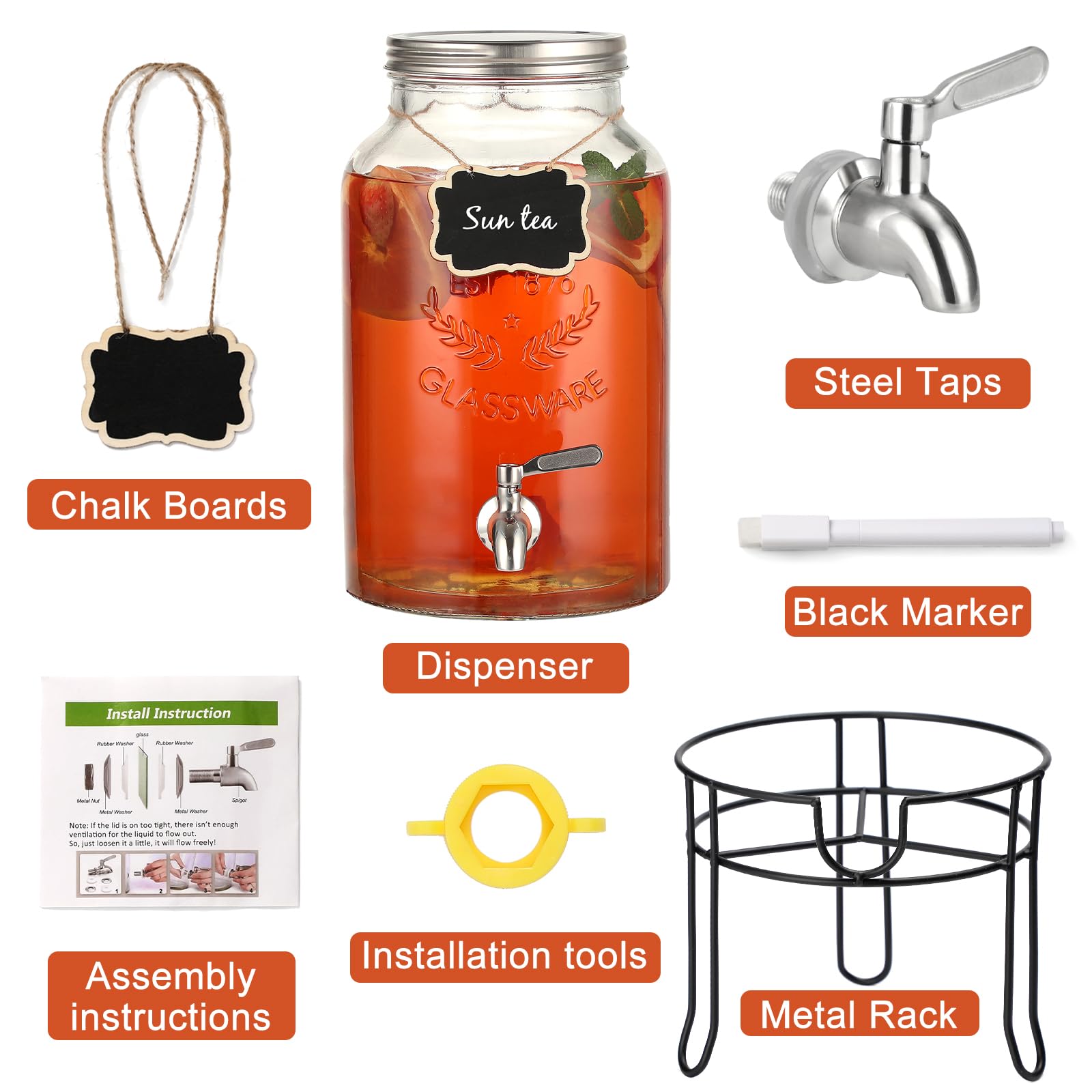 Dispensador de bebidas de vidrio de 1.5 galones con soporte, espiga impermeable de acero inoxidable y tapa, dispensadores de bebidas de vidrio para fiestas, dispensador de bebidas de agua