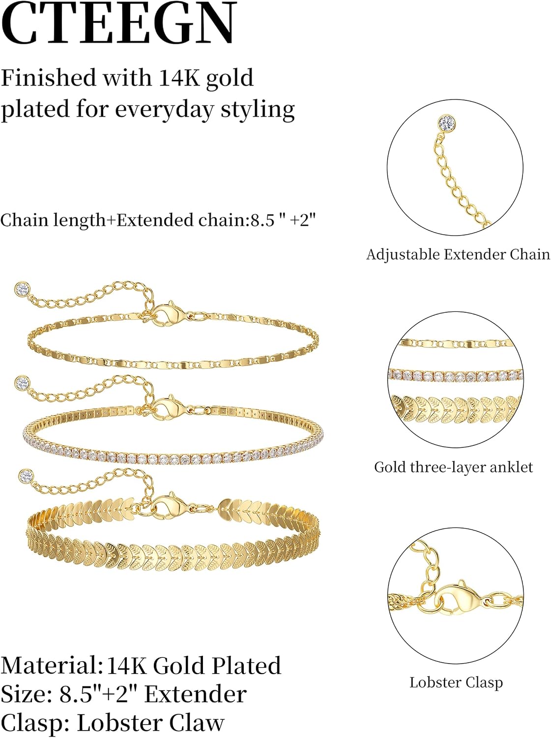 14K Gold/Silver Plated Ankle Bracelets for Women Anklet Set Waterproof Tarnish Resistant Adjustable Dainty Layered Lightweight Hypoallergenic Vacation Beach Pool Party Summer Jewelry Gift