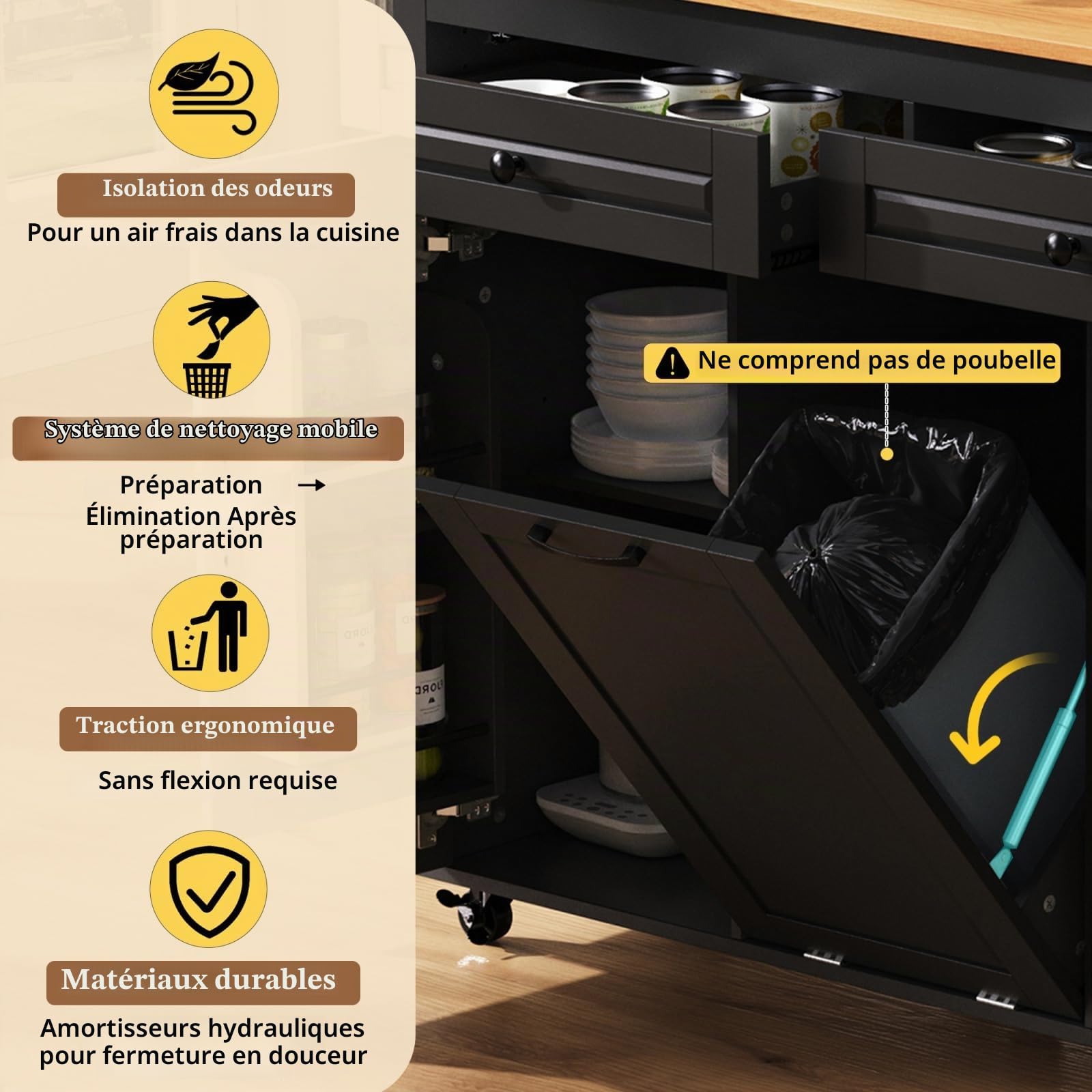 YEHTOKHOME Îlot Central Cuisine avec Station de Charge, Desserte de Cuisine avec Plans de Travail Extensibles, 2 Tiroirs, 2 Portes, Poubelle Intégrée, Porte Serviettes (A-Noir)