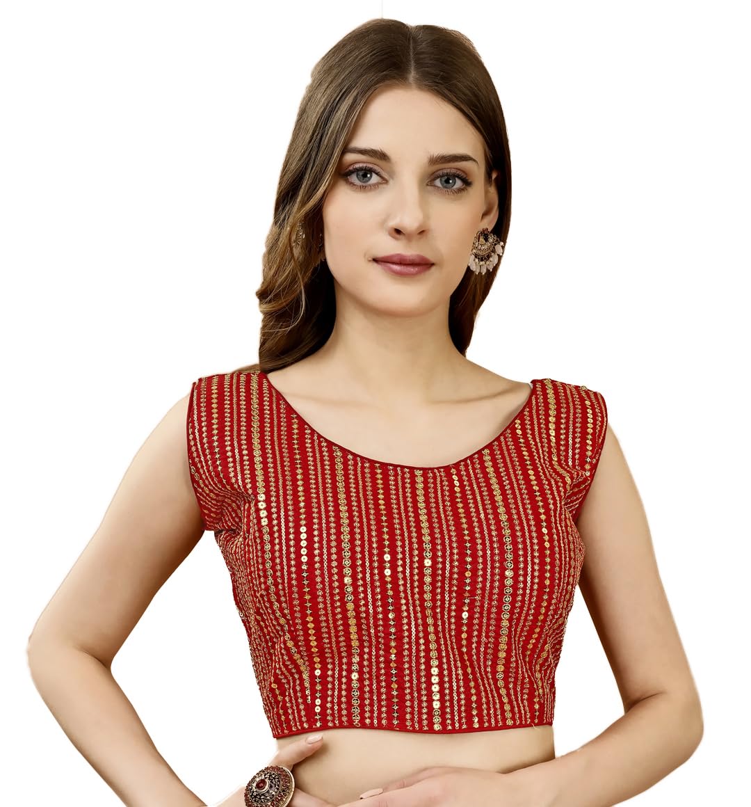 Pujia Mills Women's Sequin Embroidered U Neck Sleeveless Readymade Saree Blouse Indian Ethnic Designer Stitched Women's Red Blouse For Women