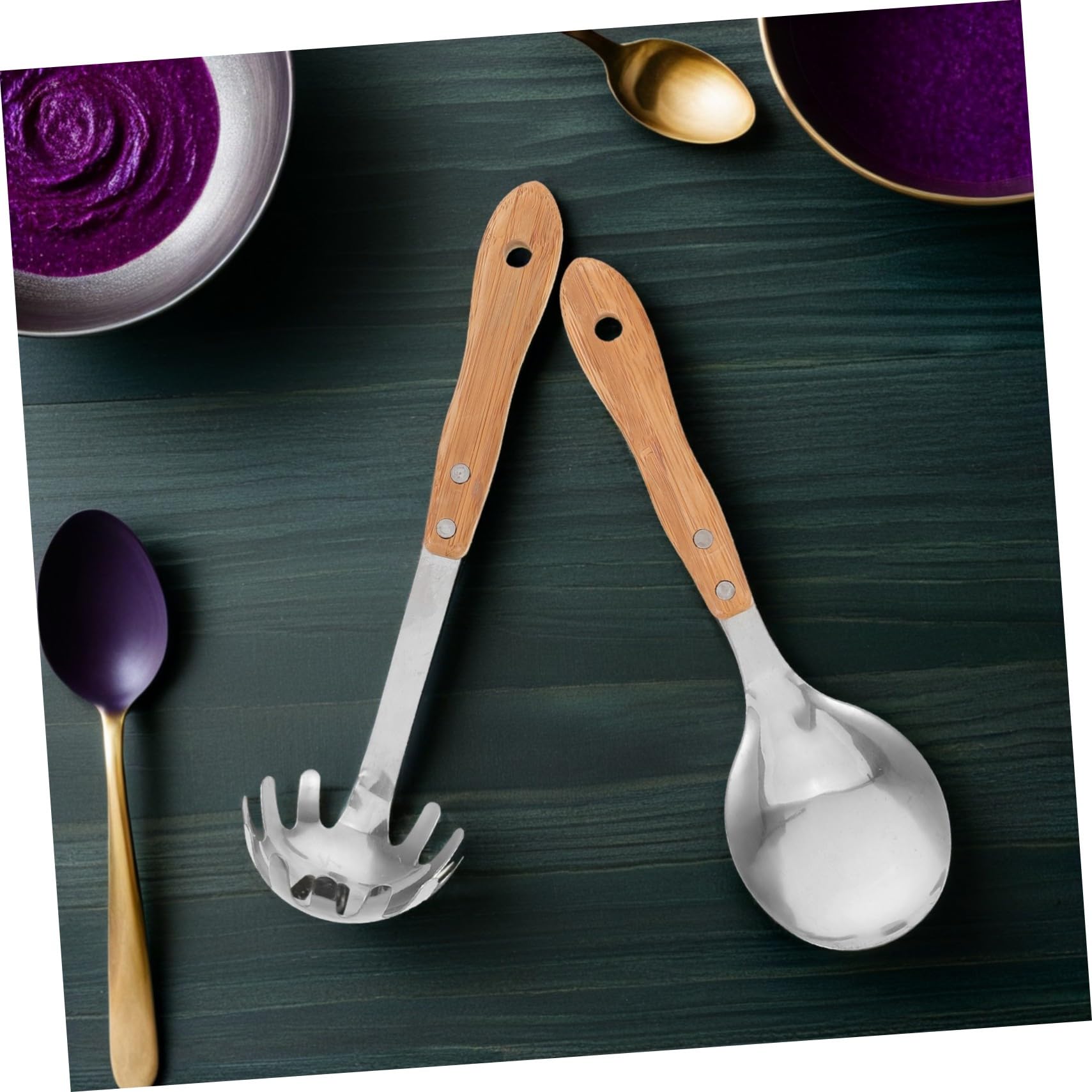 5 Piezas de Cocina Inoxidable con Mango de Cucharón para Sopa Tenedor para Pasta y Cuchara para Ensalada Resistentes al Calor para Camping y Uso Diario