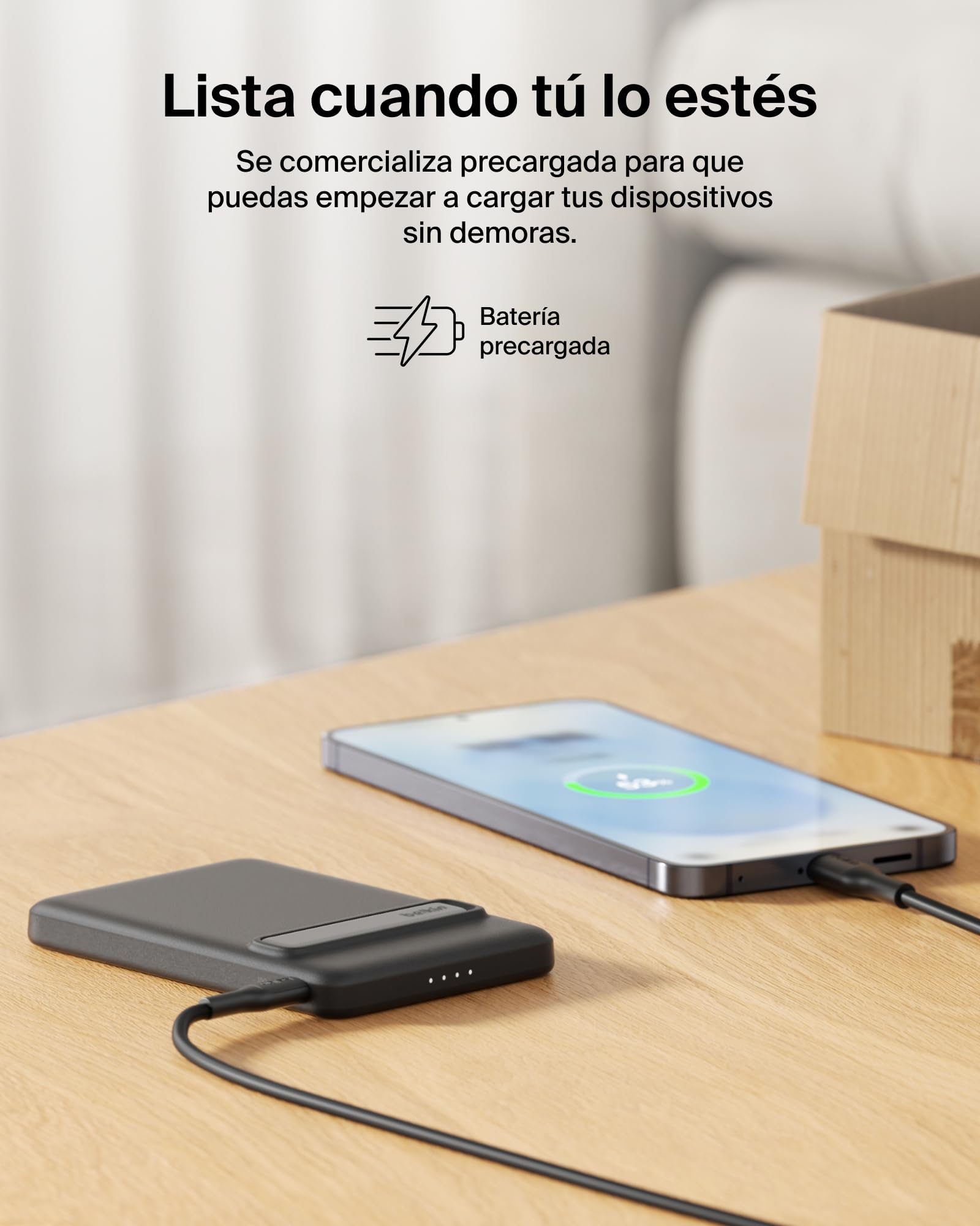 Belkin BoostCharge Batería Externa Magnética Delgada 5000 mAh Soporte Negro | Power Bank Qi2 de 5000 mAh, Anillo Magnético, 1 Puerto USB-C, Cable Incluido, Apta como Equipaje de Mano, Batería Portátil