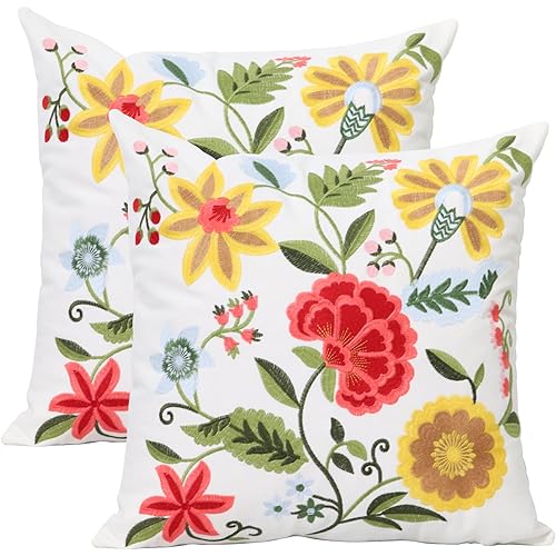 Pack of 2 Embroidered Decorative Throw Pillow Cover 18x18 Inch Farmhouse Floral Pillowcase for Living Room Sofa Bed (Boho Flower)
