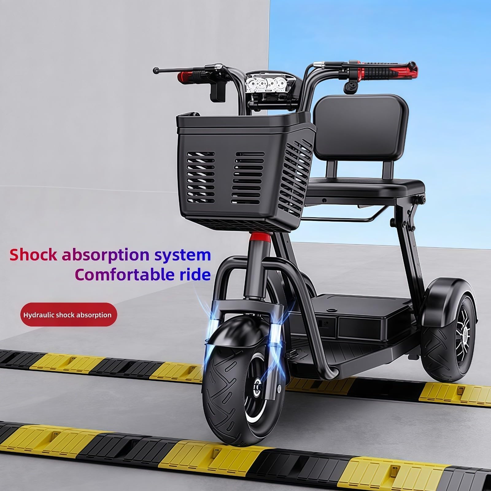 Movilidad Scooter de 3 ruedas silla de ruedas ligera de viaje con cargador y cesta - Diseño cómodo y plegable para personas mayores