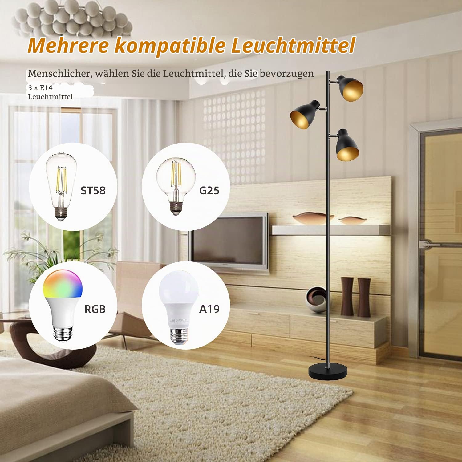 Lese-Stehlampe Baum-Stehlampe, Schwarz-Gold, 3 verstellbare Lichter | Retro-Metall, E14, 168 CM, Unabhängige Steuerung, Für Wohn- und Schlafzimmer