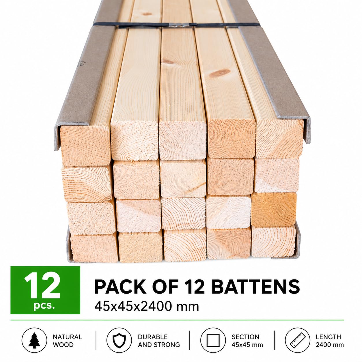 Pack 12 listones de pino silvestre 45x45x2400 mm | Resistentes, versátiles y fáciles de cortar e instalar.