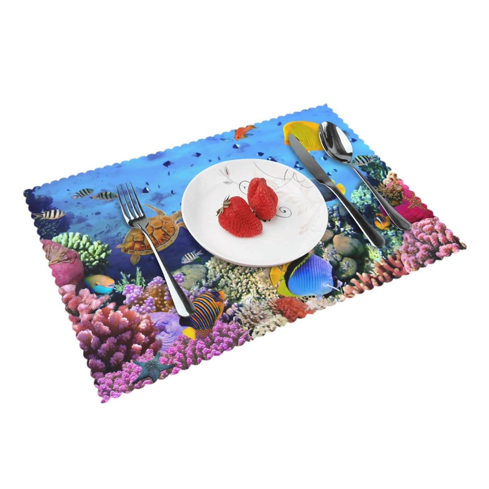 Sea Turtle Reef Fish Printed Placemats Set of 4 PCS Washable Placemat for Kitchen Table Heat-resistant Table Mats 45x30 CM