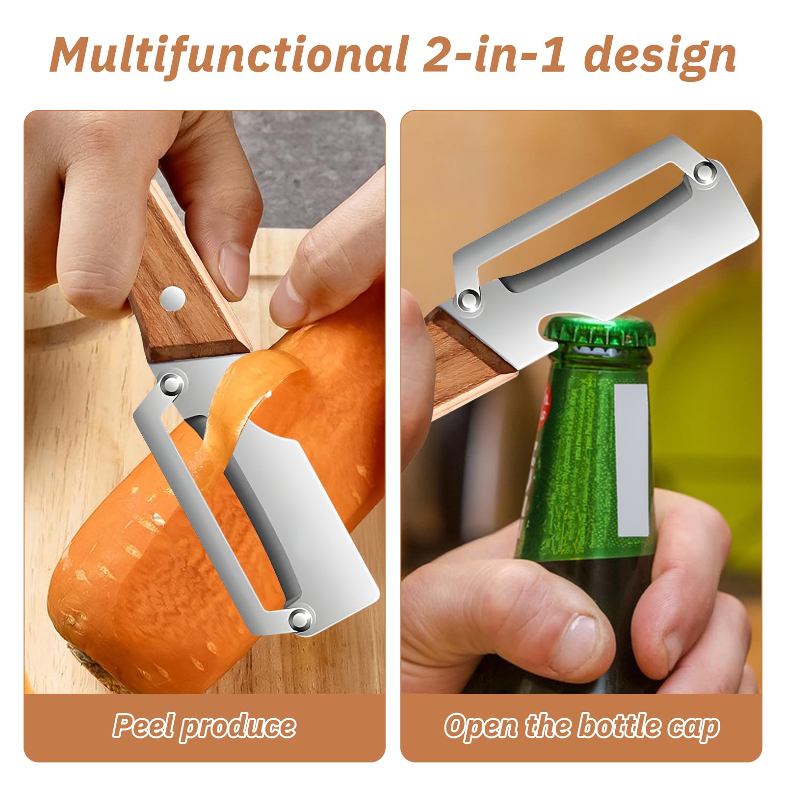 POP lina Multifunktionaler Gemüseschäler für die Küche, 2 Stücks Schäler aus Edelstahl, Sparschäler mit Holzgriff, Gemüseschäler und Flaschenöffner für Obst, Gemüses - 5