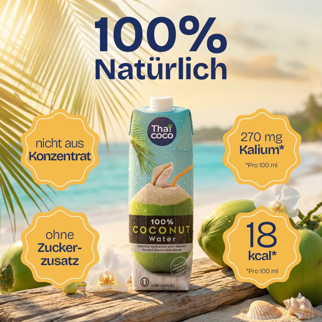 Thai Coco 100% Pures Kokoswasser 6x1L, aus Thailand – Natürliches Coconut Water mit Elektrolyten – Ohne Zuckerzusatz & Ohne Konservierungsstoffe – Hydration Getränk für Sport & Alltag
