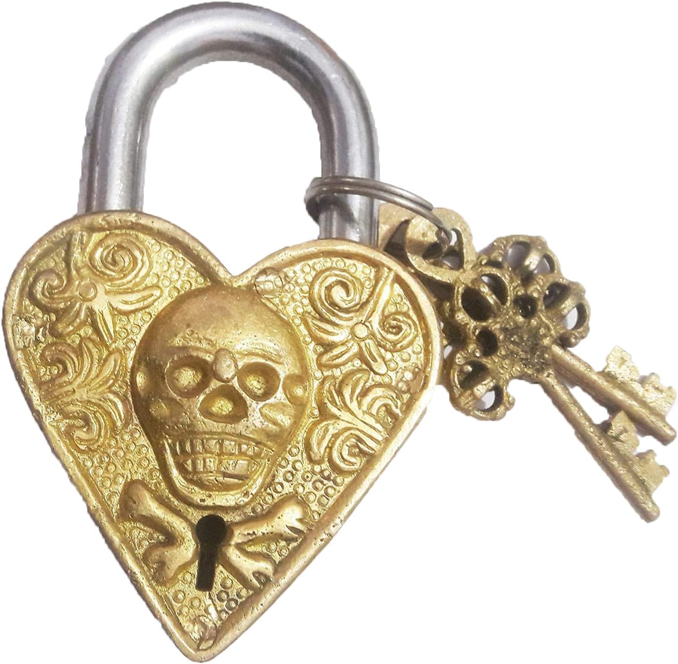 PARIJAT HANDICRAFT Padlock-Functional Brass Beautiful Padlocks with Two Keys Man Skull Engraved Antique Finished Lock for Gym, Sports, School & Employee Locker, Outdoor, Fence, Hasp and Storage