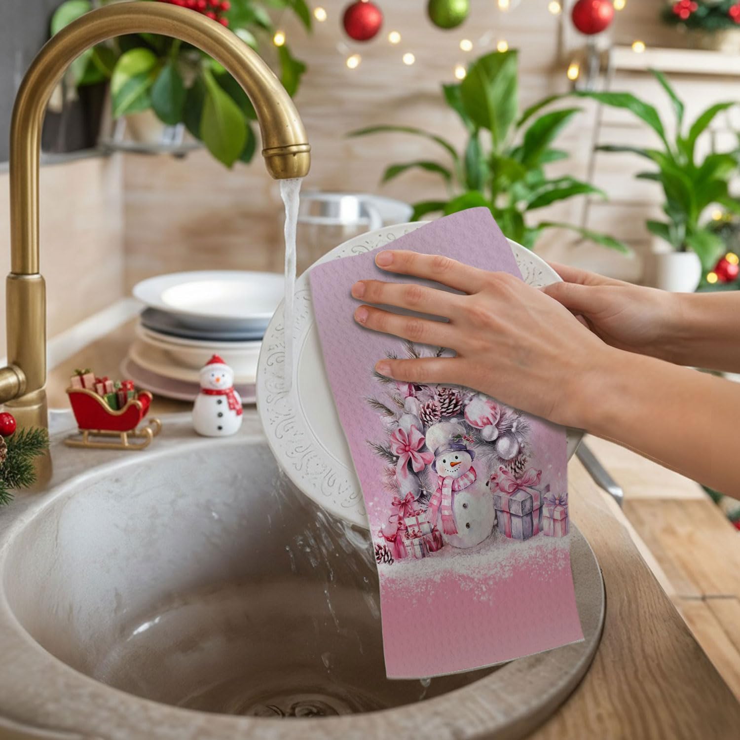 Pink Coquette Bow Christmas Snowman Kitchen Towels, Preppy Winter Dish Towels Drying Cloth for Kitchen, Winter Holiday Xmas Snowman Decorative Hand Towel for Bathroom, 16x24 Inch - Image 2