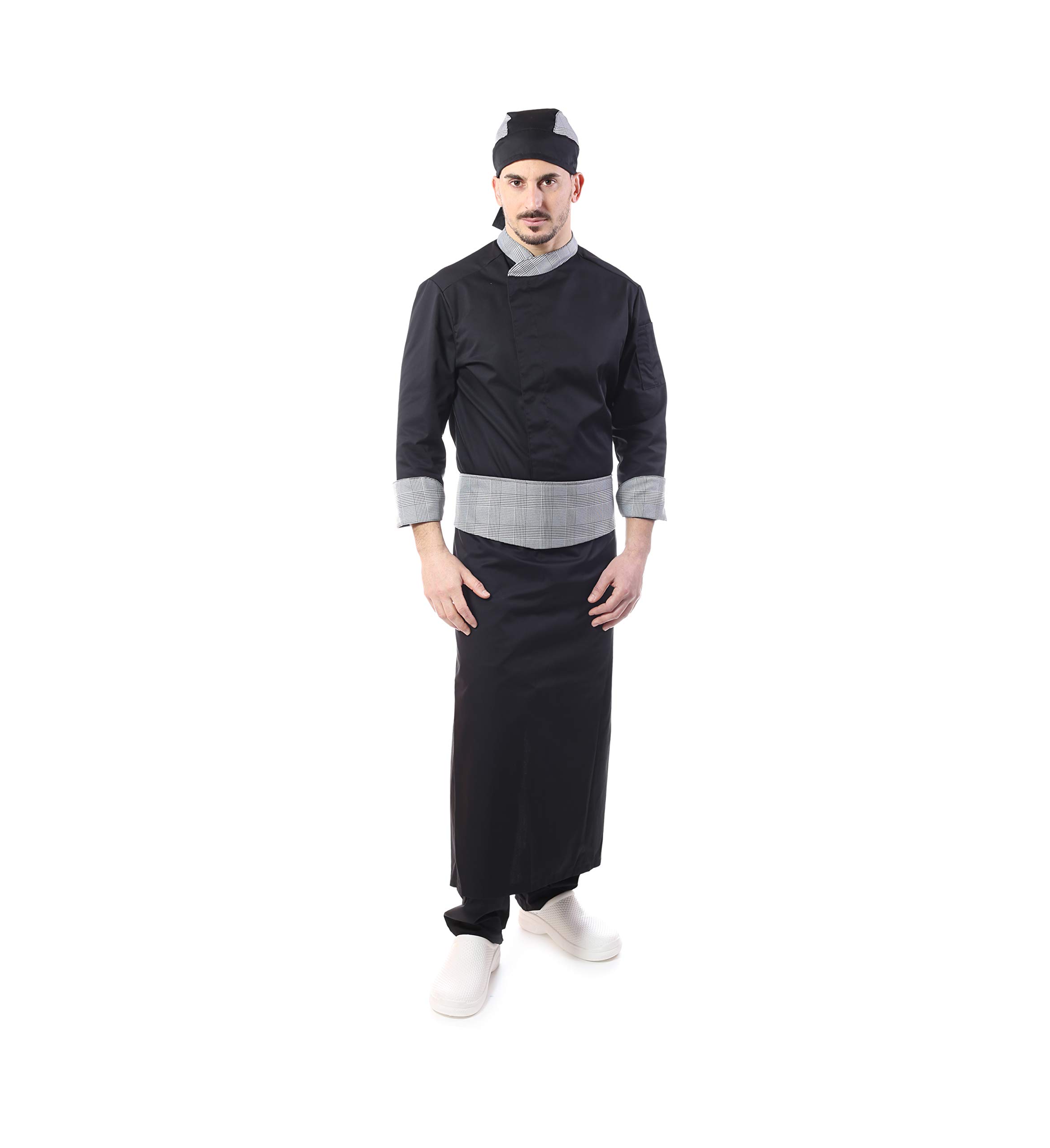 Ricamo Gratuito - Completo Cuoco e Chef Nero - Principe di Galles - Uomo - 4 PZ - Giacca Pantalone Davantino e Bandana - Divisa per Cucina e Ristorante - Made in Italy