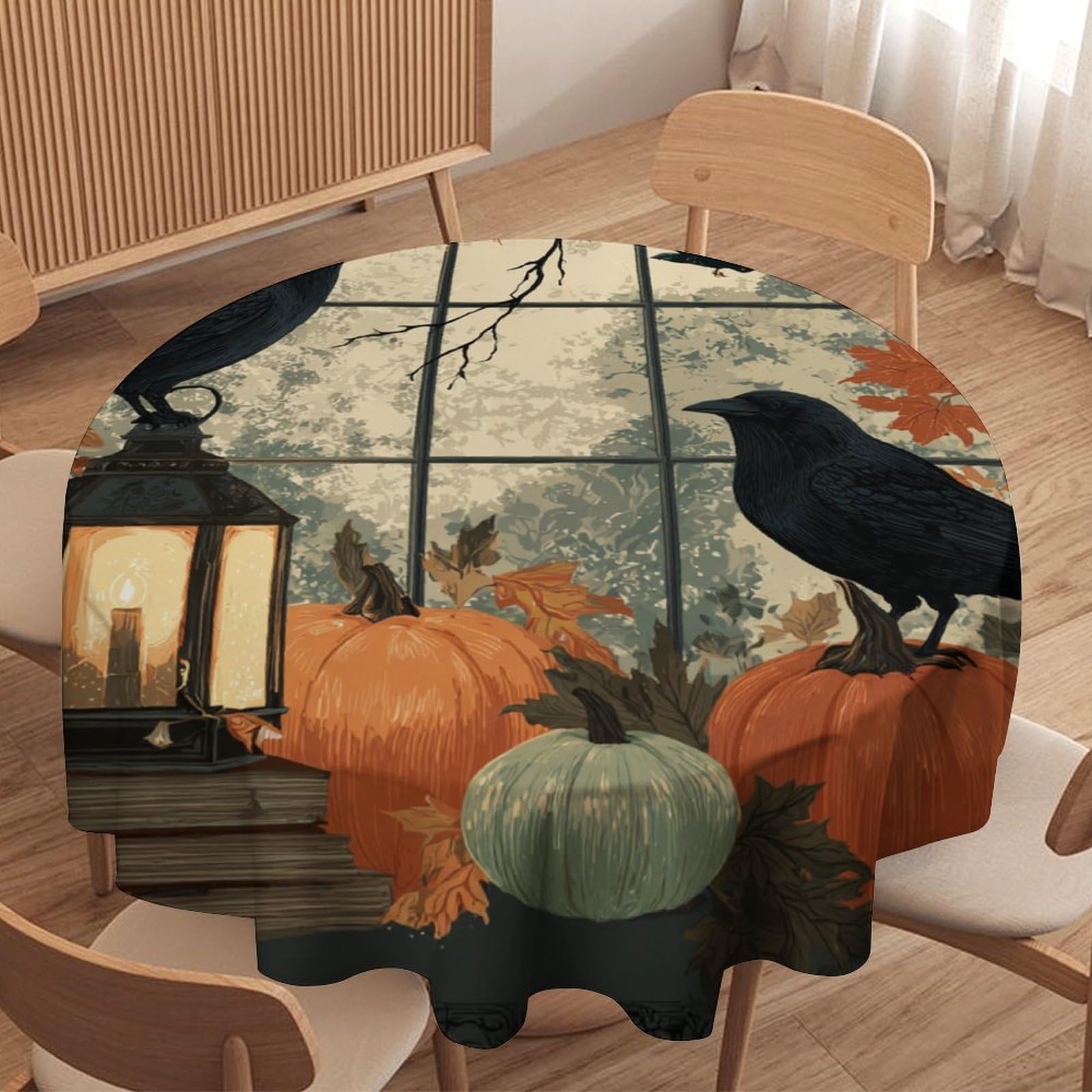 LUYYSKY Modern Rustic Gothic Crows Waterproof Round Tablecloth Vintage Abstract Halloween Animals Raven Maple Leaves Pumpkins Washable Table Cover for Kitchen-91.4" Wx91.4 L cm