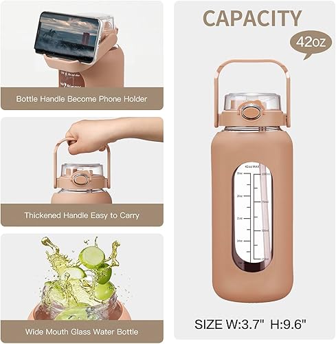 Miniatura 3 de chunmo Pernos de agua de vidrio de 42 oz52 oz64 oz con pajilla, botella de agua motivacional grande de medio galón con marcador de tiempo, botellas