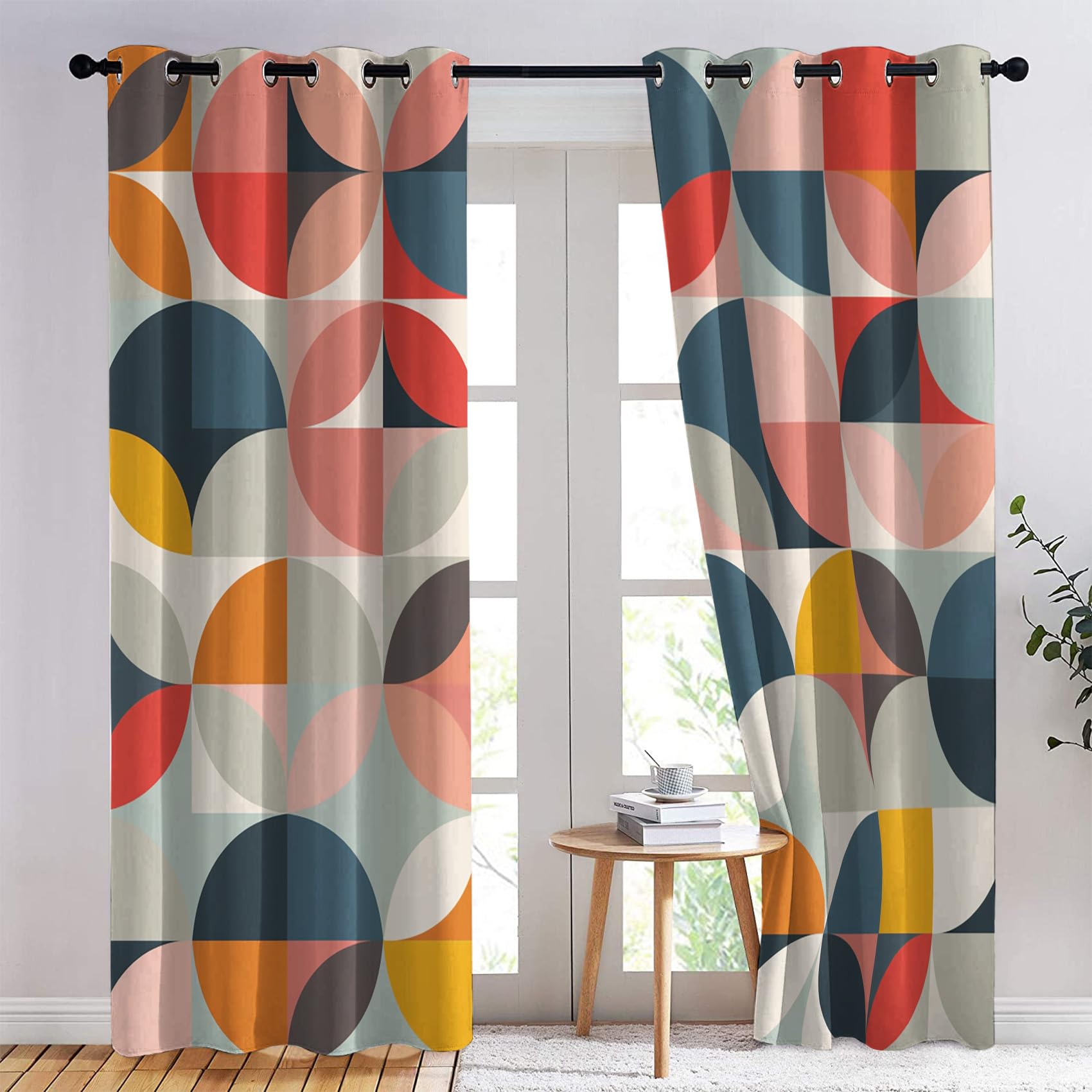 Geometrisch Vorhänge Retro Mid Century Modern Abstrakt Vorhang Blickdicht Gardinen 245 cm Lang Verdunklungsvorhänge mit Ösen Thermovorhang für Wohnzimmer Schlafzimmer Fenster Deko 2er Set