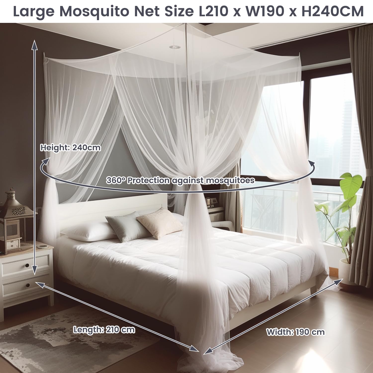 mizikuu Zanzariera Quadrata, Zanzariera per Letto Matrimoniale Quattro Porte Leggero e Traspirante Grande Zanzariera Letto per letto singolo a king size(Bianca 190 x 210 x 240 cm)