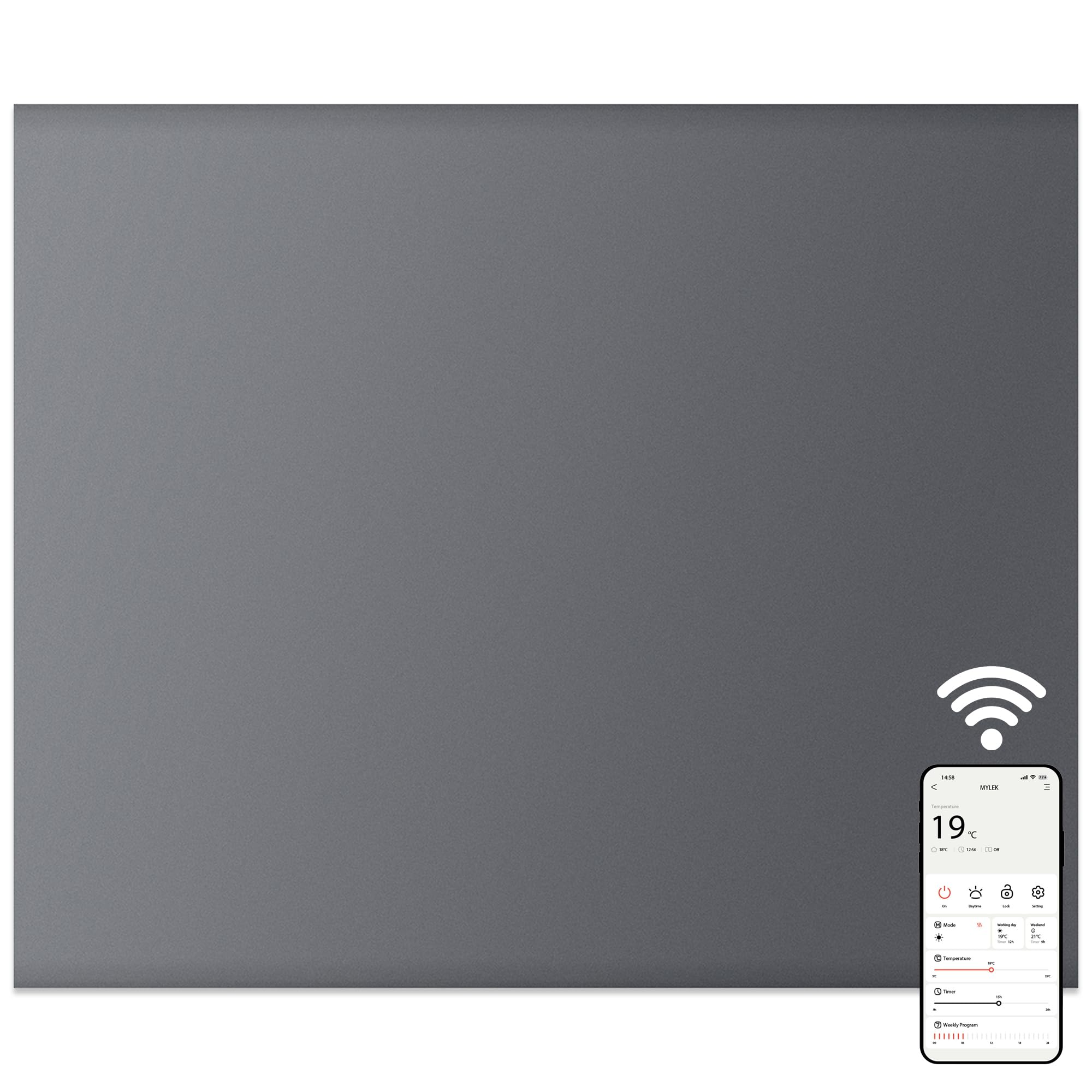 MYLEK Panel Space Heater 1KW Smart WiFi App Radiator Electric Slimline Low Energy - Charcoal Grey - Wall Mounted Design - Bathroom IPX4 Rated for Homes, Offices (1000Watts)