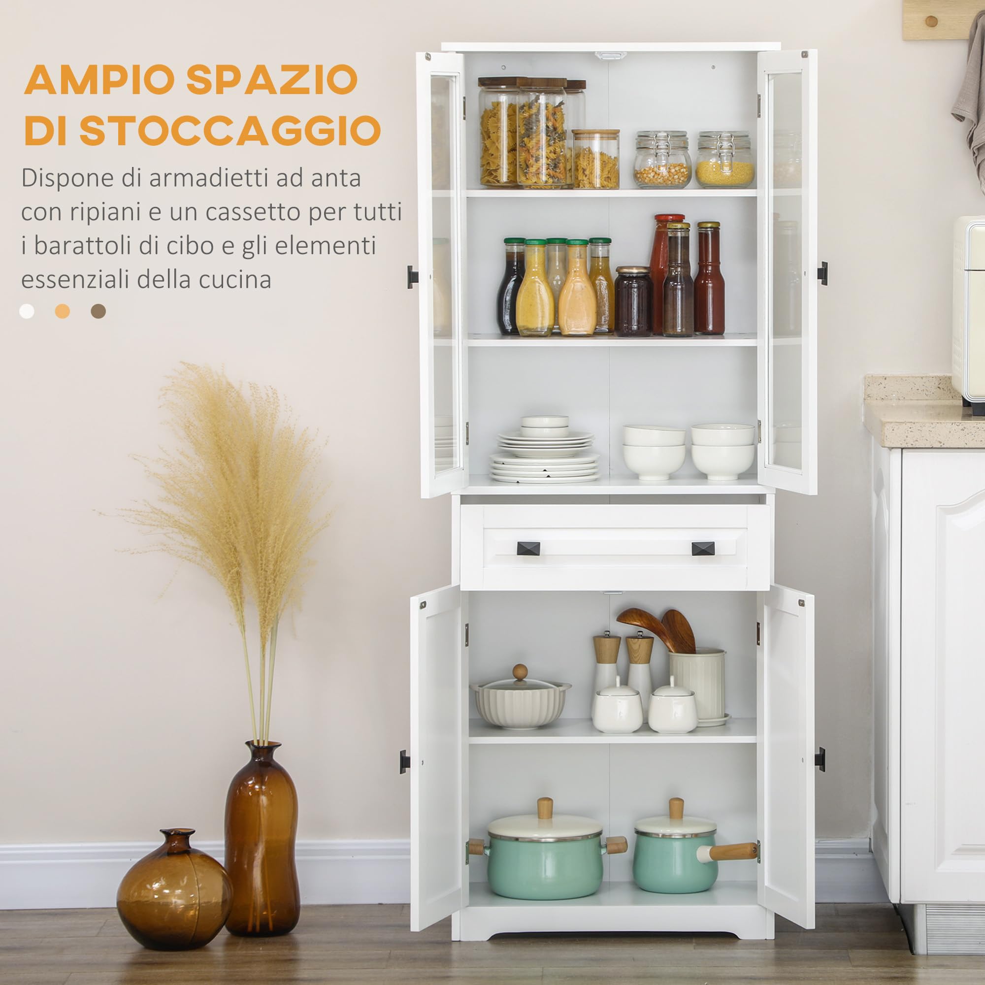 HOMCOM Credenza Cucina con 2 Armadietto e Cassetto 60x30x160cm Bianco | Mobile Dispensa Stretto, Ante in Vetro, Ripiani Regolabili, per Soggiorno, Sala da Pranzo