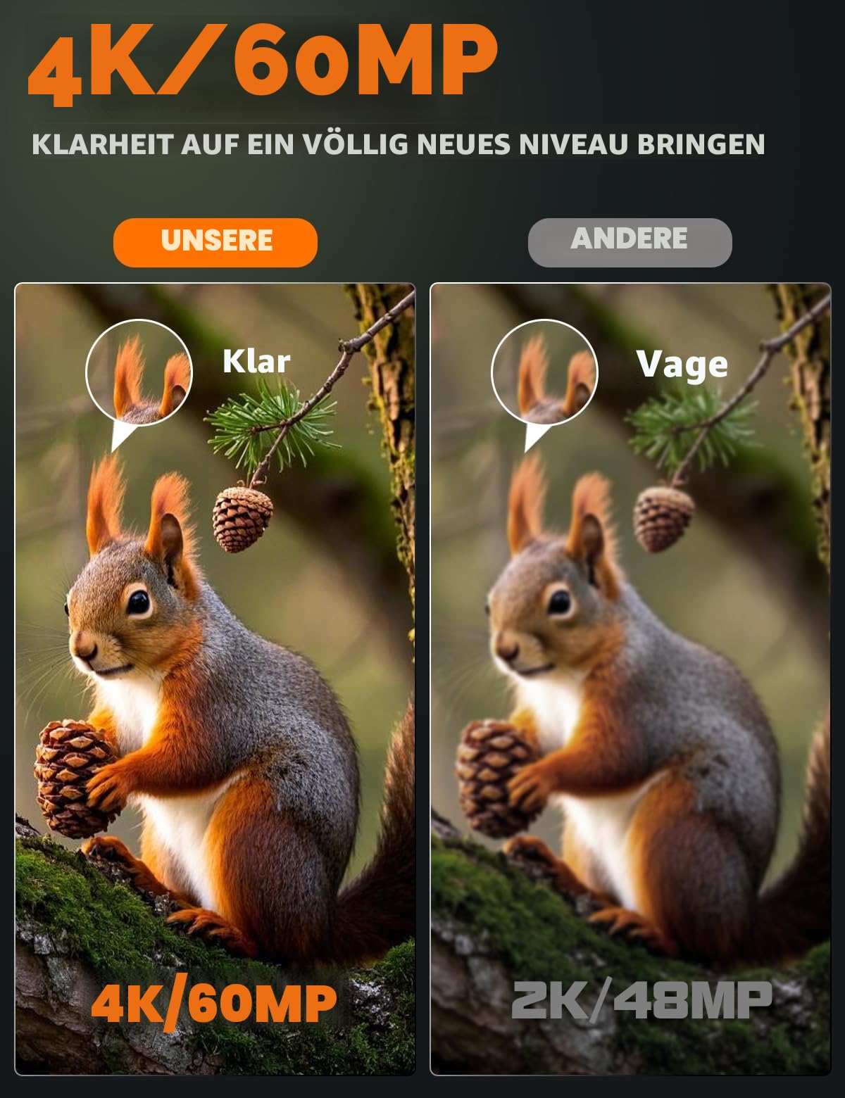 Wildkamera mit Handyübertragung App, 4K 60MP HD Solar WLAN Wildkamera, 5200mAH Akku, Wildtierkamera mit Bewegungsmelder Nachtsicht, 850 nm LED, 0,1s Auslösezeit mit 32GB Speicherkarte,IP66 Wasserdicht