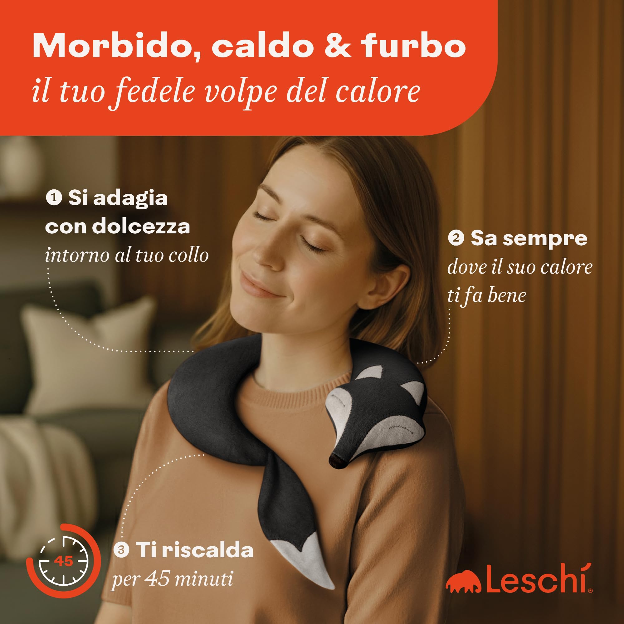 LESCHI Cuscino cervicale termico per microonde - 100% cotone e grano biologico - Cuscino riscaldante ideale per sciogliere tensioni a collo, spalle e schiena - Volpe, nero