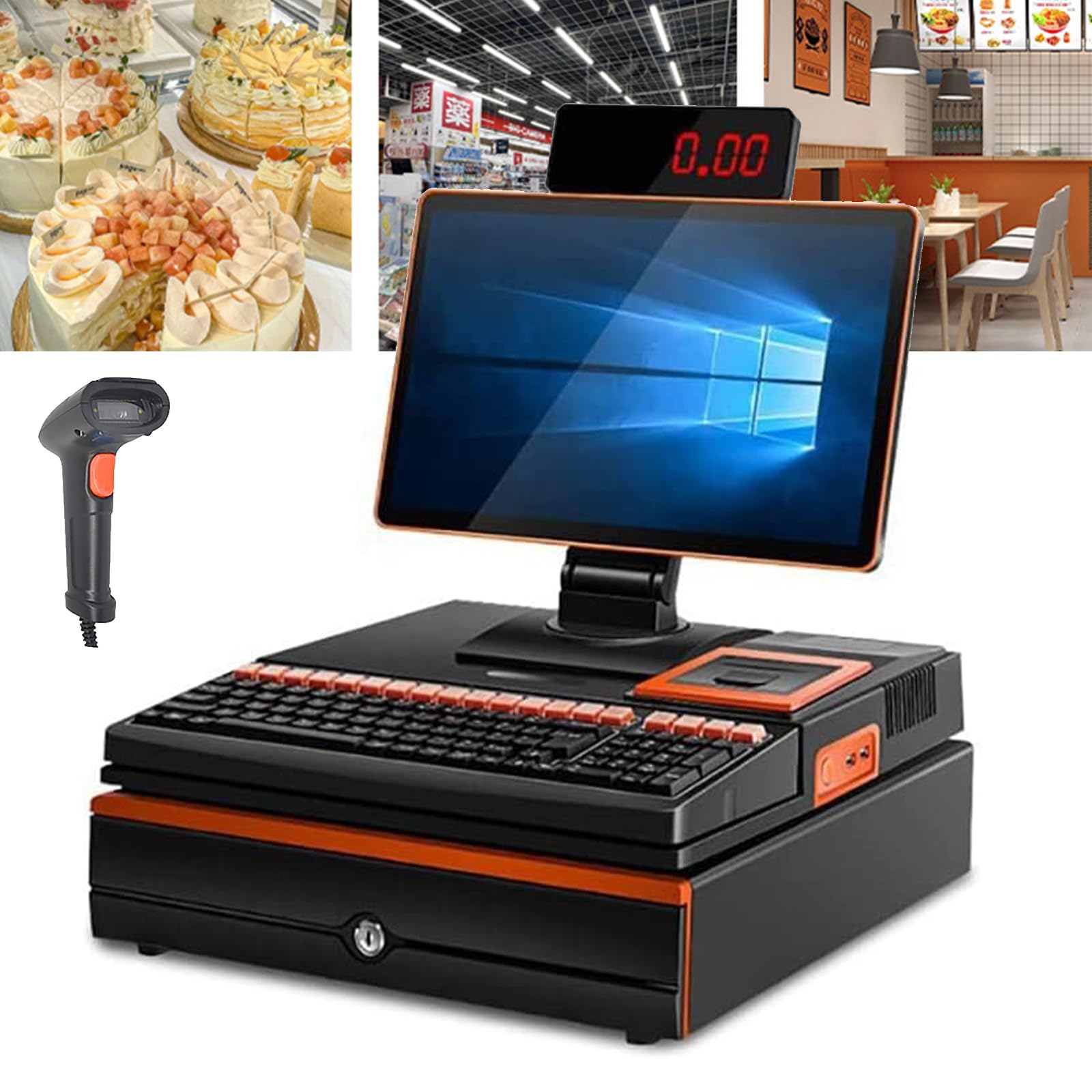 Macchina terminale POS con Scanner Portatile e Touch Screen LED da 15,6 '' - Registratore elettronico di Cassa con Tastiera a 101 Tasti, Stampante da 58mm, cassetto di Cassa