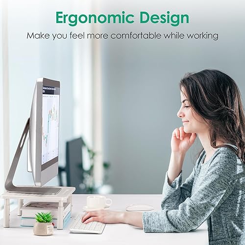 Miniatura 7 de La Jaco Soporte de monitor blanco para 2 monitores, soporte de monitor ajustable de 3 alturas con soporte para bolígrafo, elevador de monitor dual