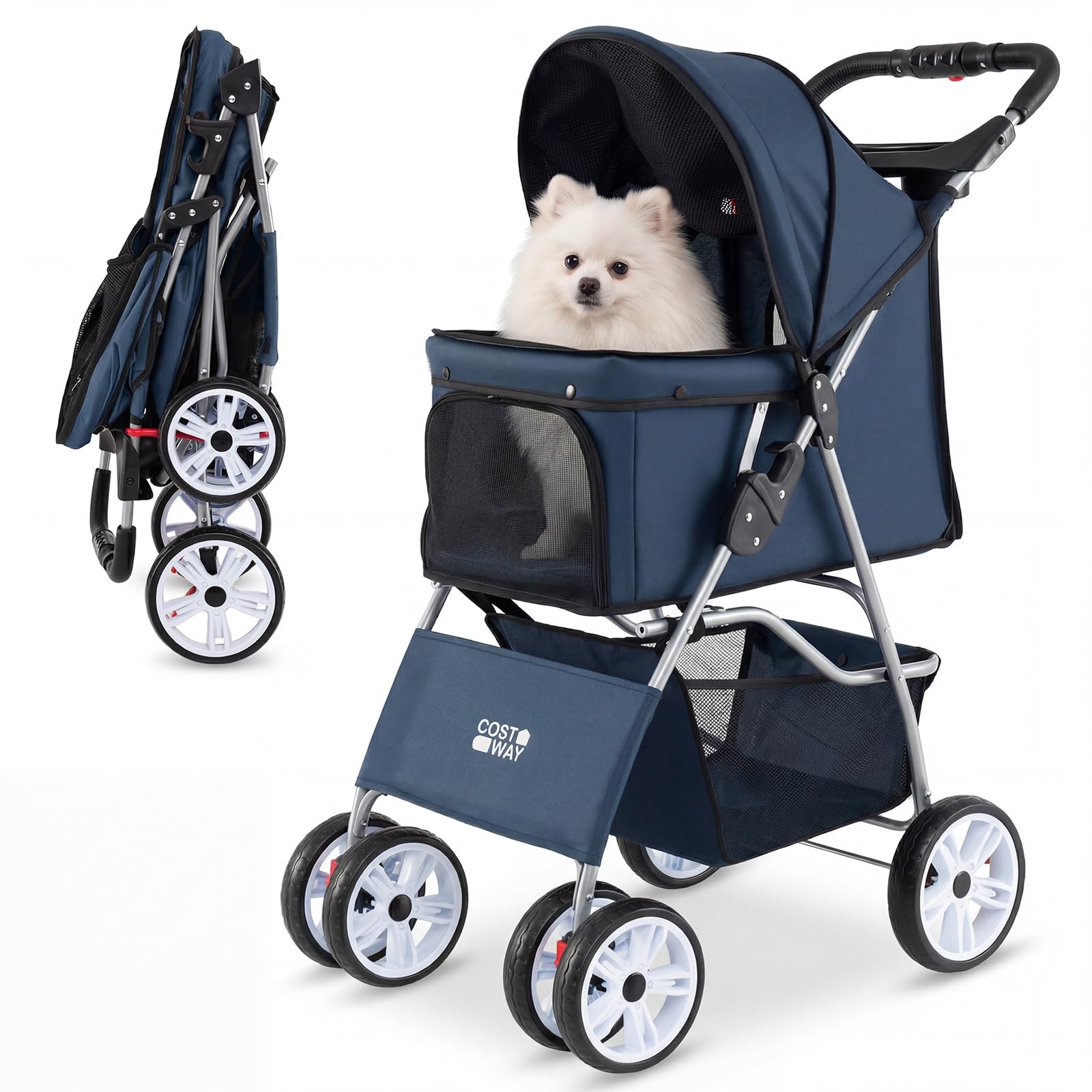 COSTWAY Passeggino per Cani Piccoli Pieghevole Facile, Carrozzina per Cani Portata Fino a 15 kg con Rete Traspirante e Copertura Impermeabile, Passeggino per Gatti per Viaggio (Blu)